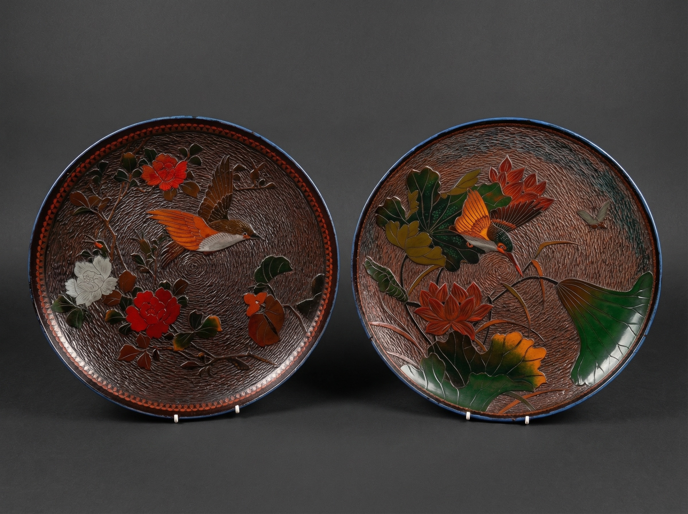 Fine Pair Japanese Totai Shippo Porcelain Plates In Cloisonne Tree Bark. Circa 1890.