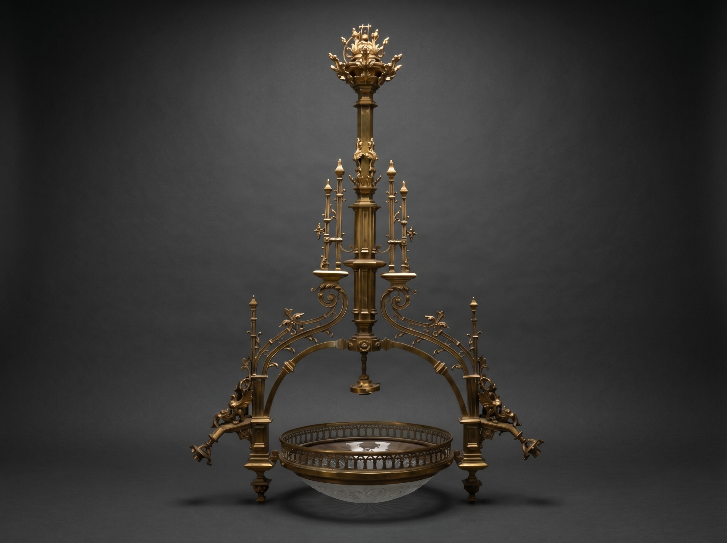 Huge Gothic / Arts and Crafts Victorian Brass Chandelier. Circa 1880.