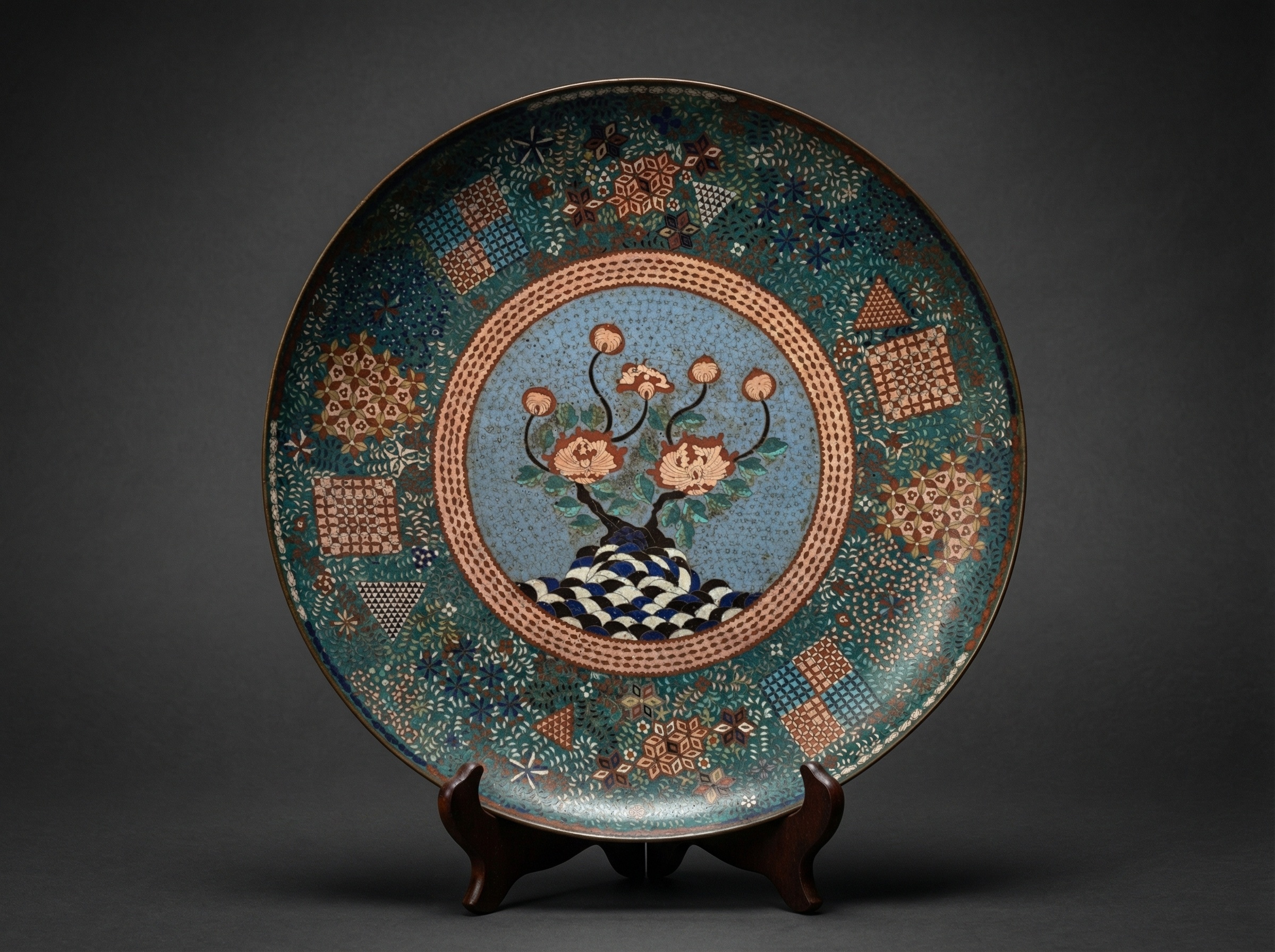 Huge Japanese Cloisonne Enamel Charger. Spectacular Decoration. Circa 1870.