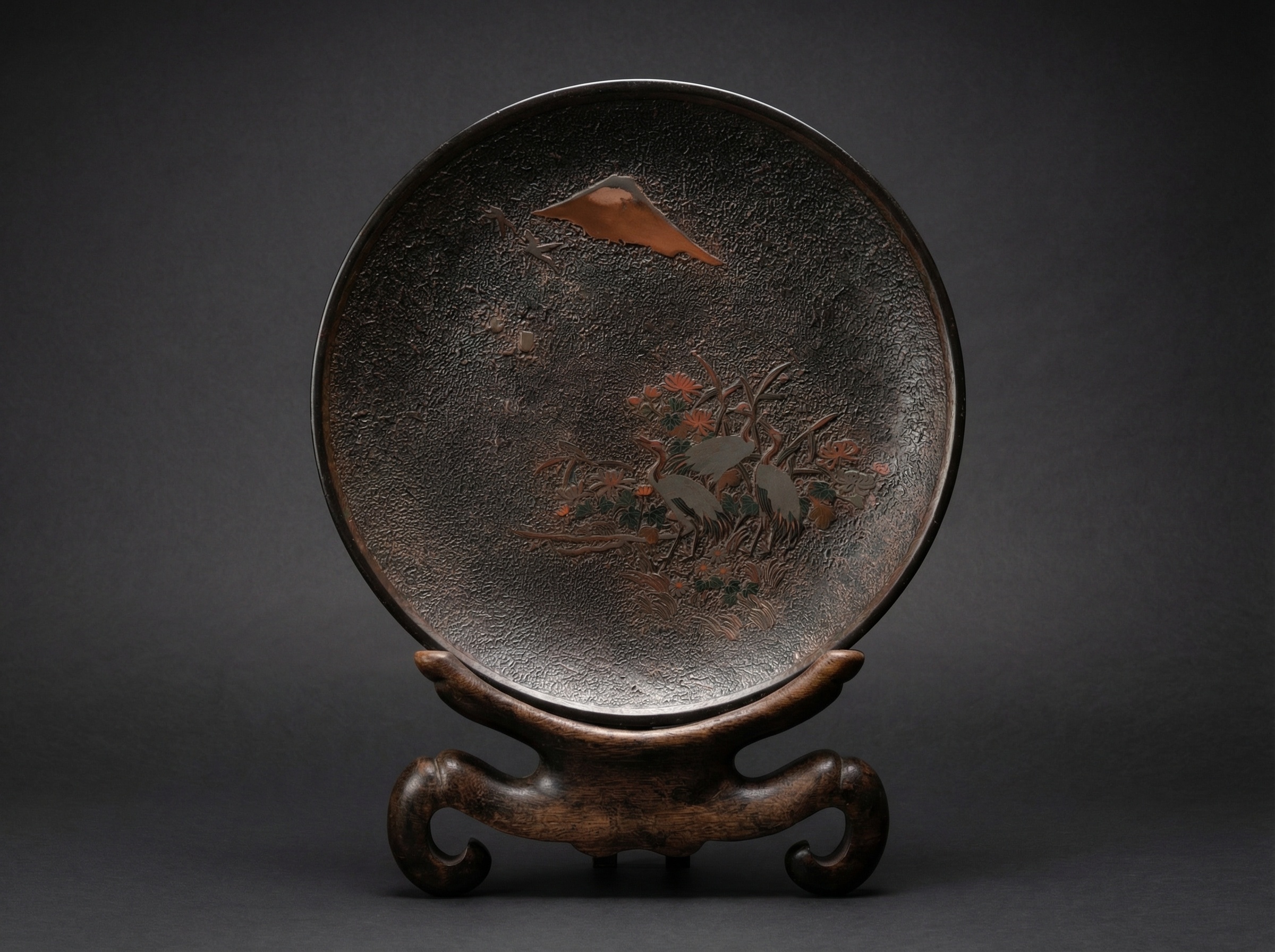 Huge Japanese Totai Shippo Porcelain Charger in Cloisonne Tree Bark. Circa 1890. Signed.
