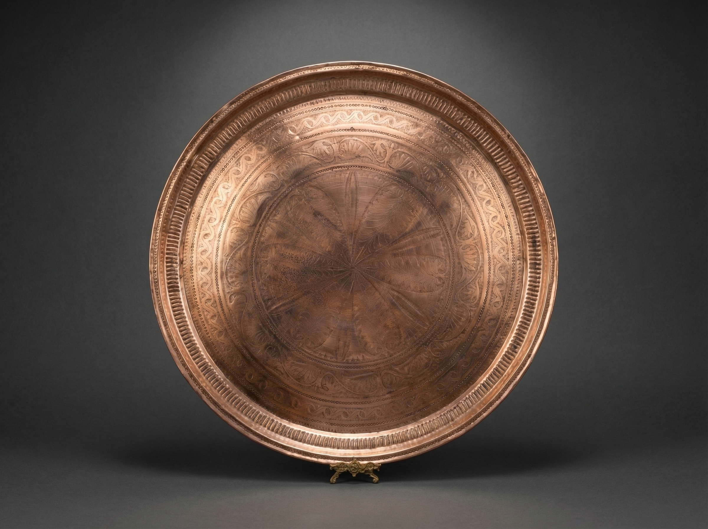 Huge Middle Eastern Engraved Copper Charger. 19th Century.