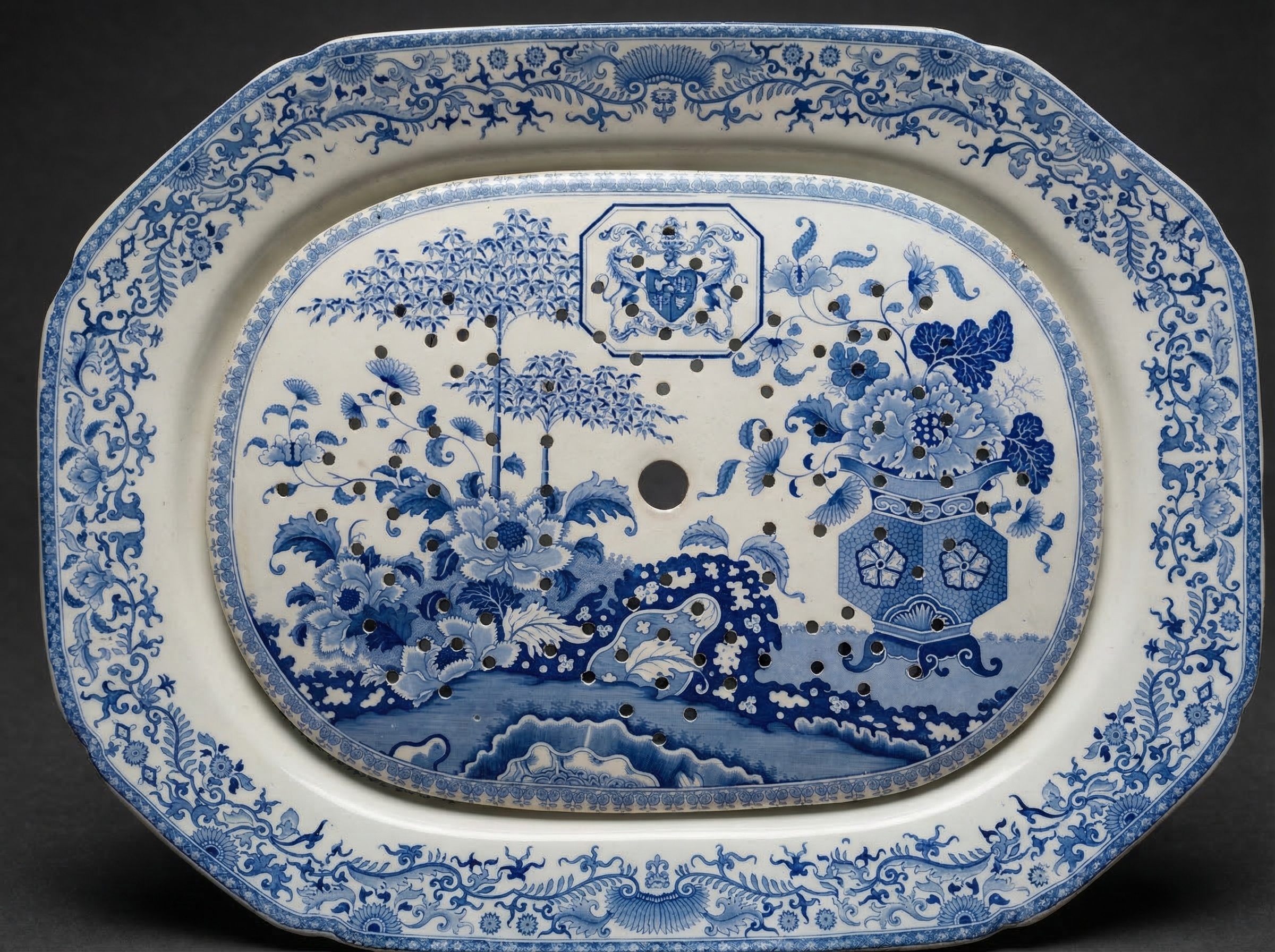 Huge Minton Blue and White Meat Platter and Drainer. London Goldsmiths Coat of Arms. c 1820
