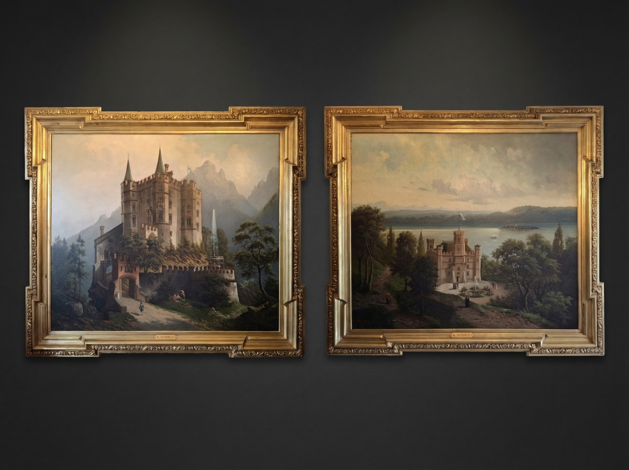 Huge Pair Karl Herrle Bavarian Gothic Castle and Landscape Oil Paintings. Schloss Hohenschwangau. Signed and dated 1887.