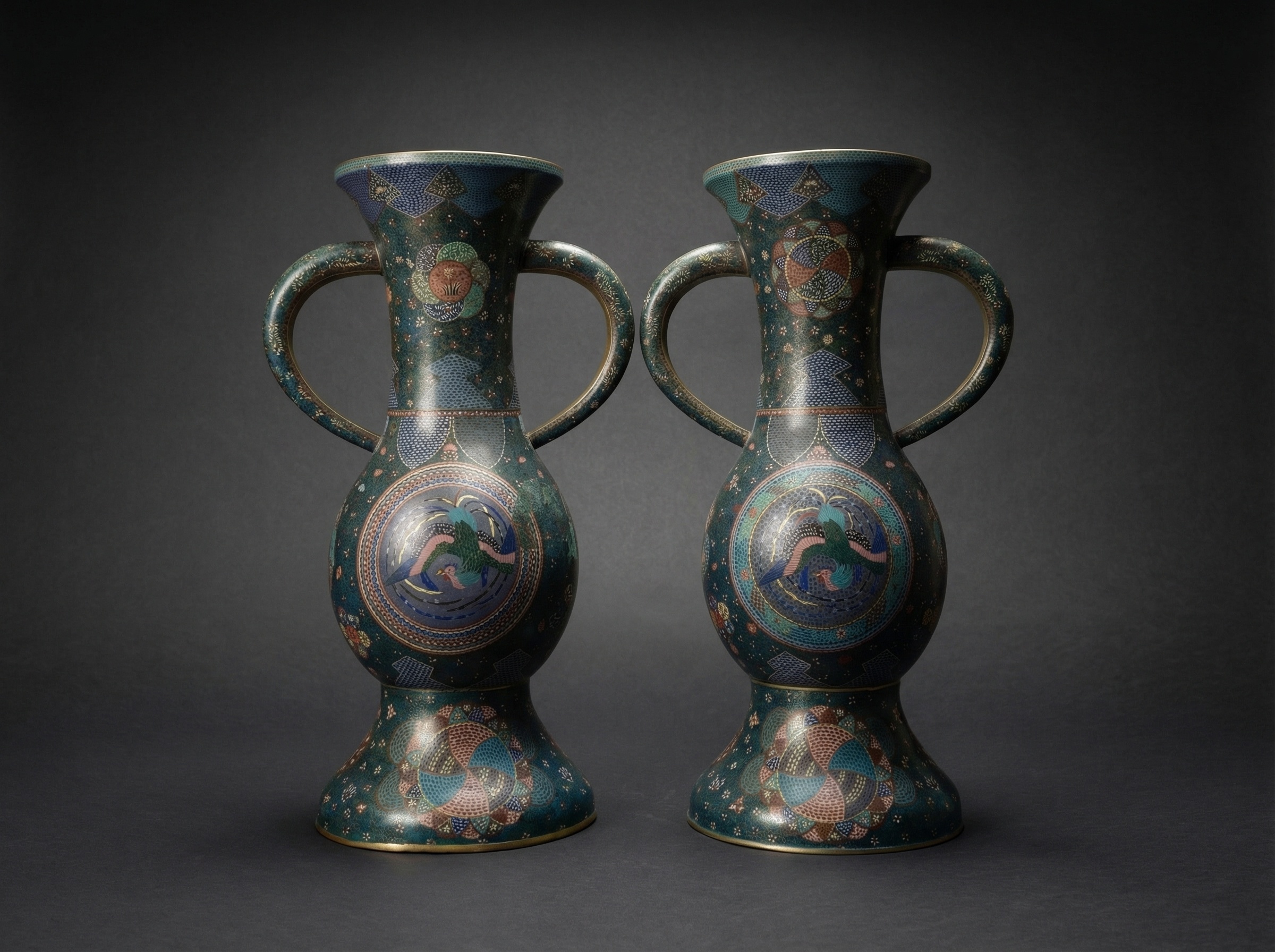 Huge Pair of Large Cloisonne Enamel Palace Vases. 91cm. Edo Period. Ho-o Bird / Phoenix. Circa 1860.