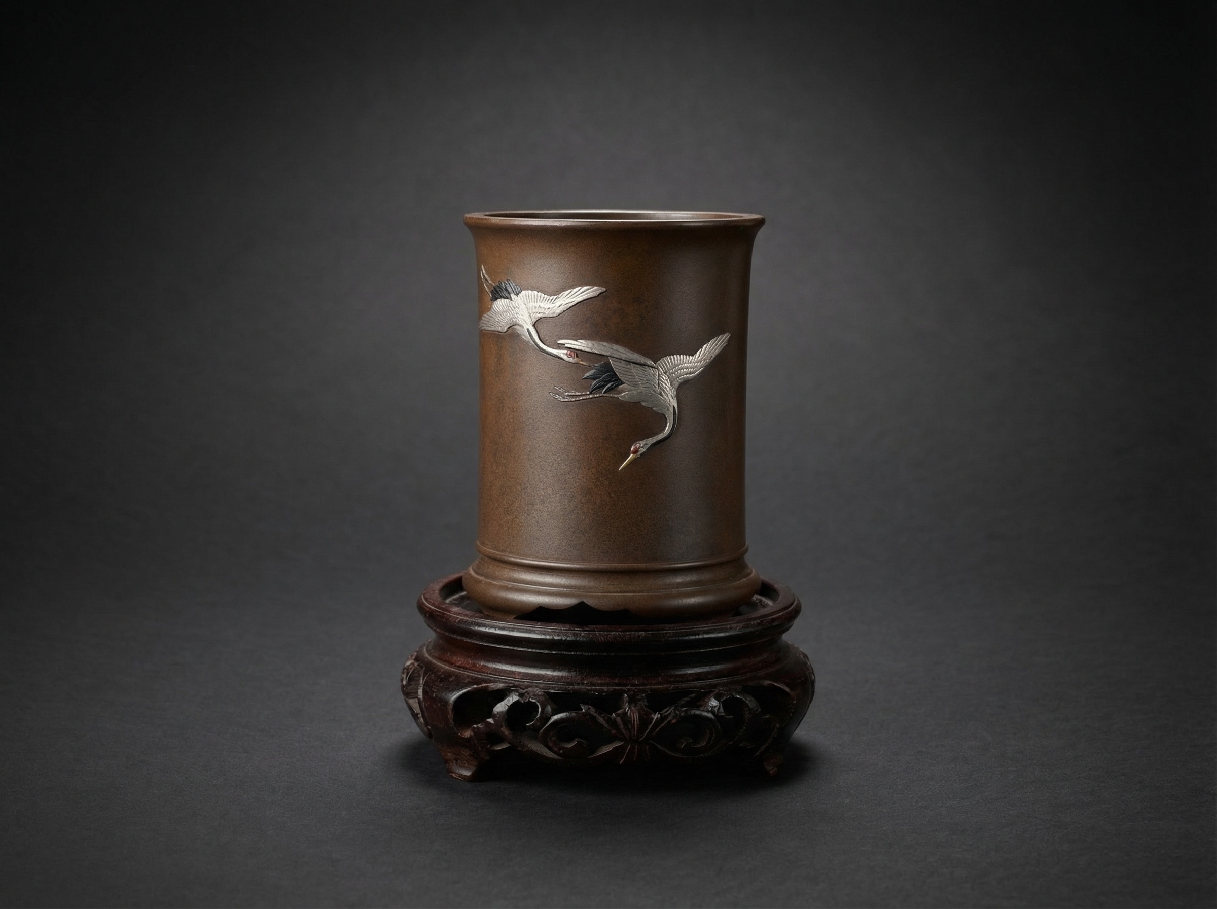 Japanese Bronze and Mixed Metal Brush Pot. Meiji Period. Circa 1880.