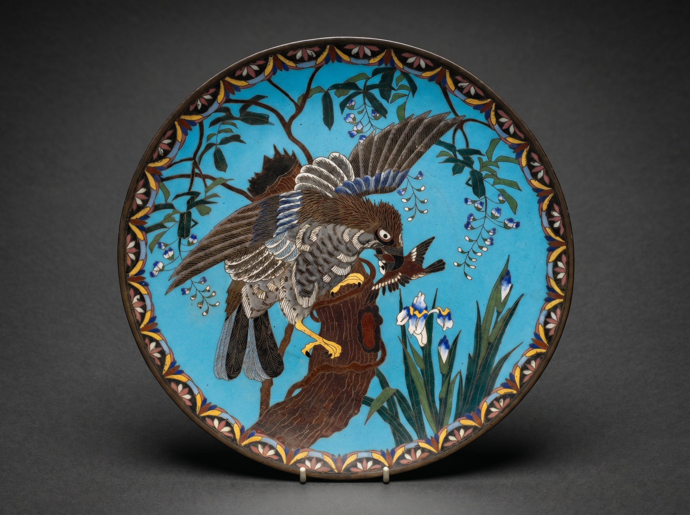 Japanese Cloisonne Enamel Charger. Sparrowhawk / Tsumi. Circa 1890.