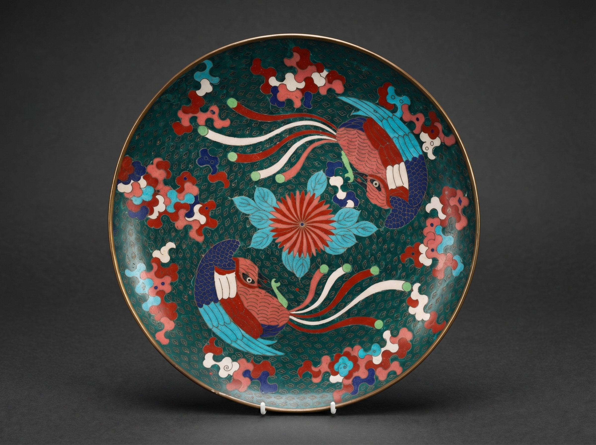 Japanese Cloisonne Enamel Charger with Ho-o Birds / Phoenix. Circa 1880.