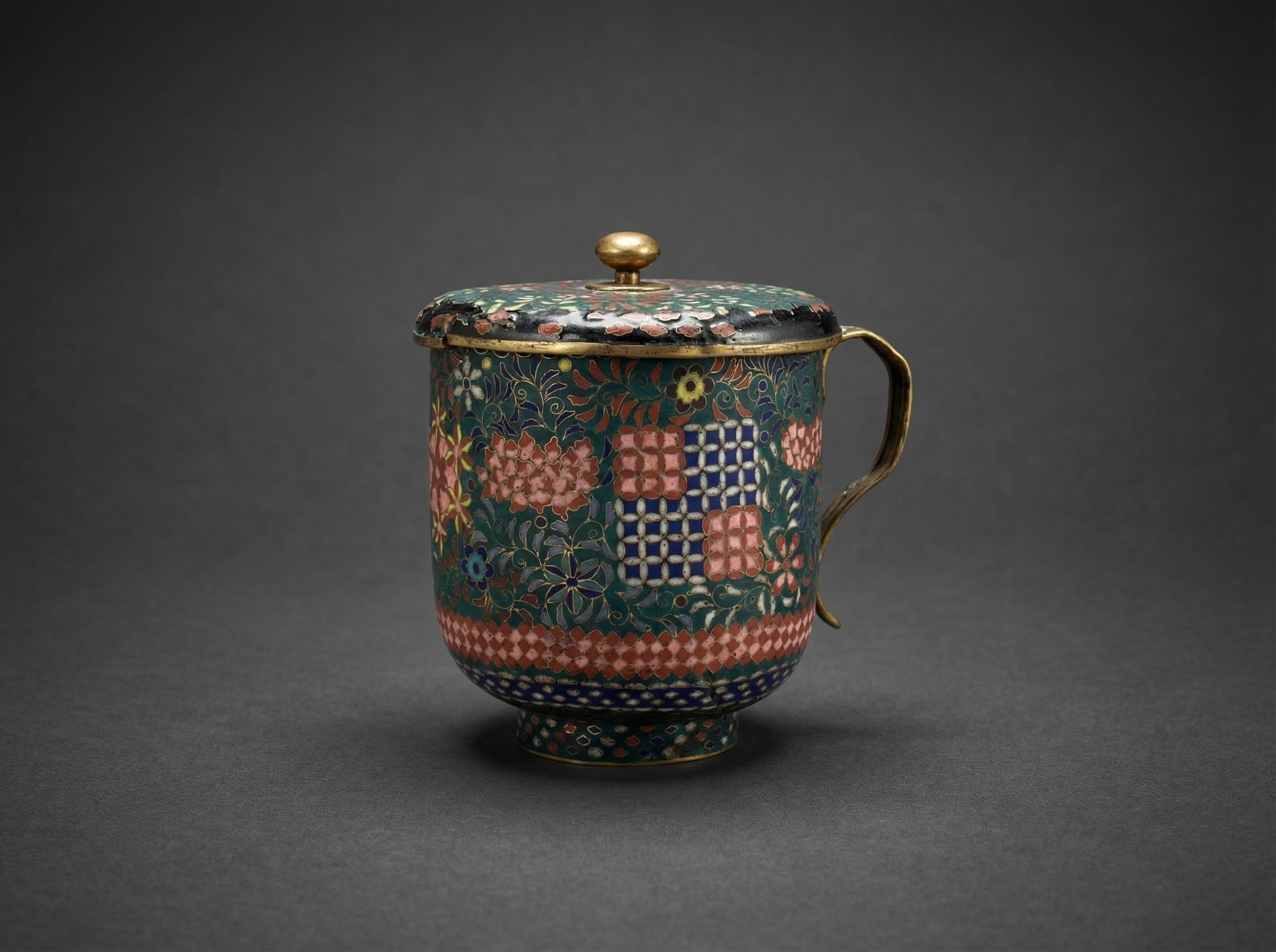 Japanese Cloisonne Enamel Cup / Mug with Lid. Late Edo Period. c1860