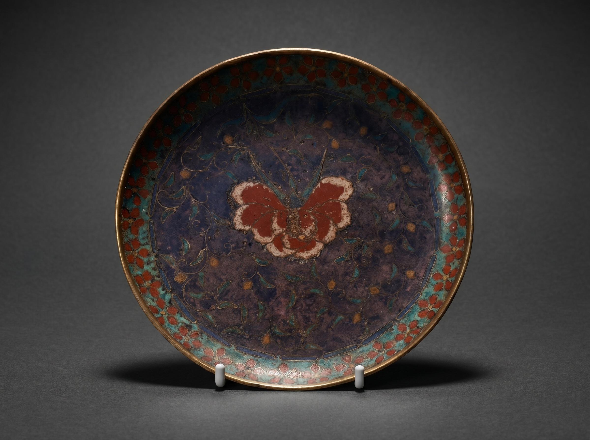 Japanese Cloisonne Enamel Dish. Butterfly. Edo Period. Circa 1850.