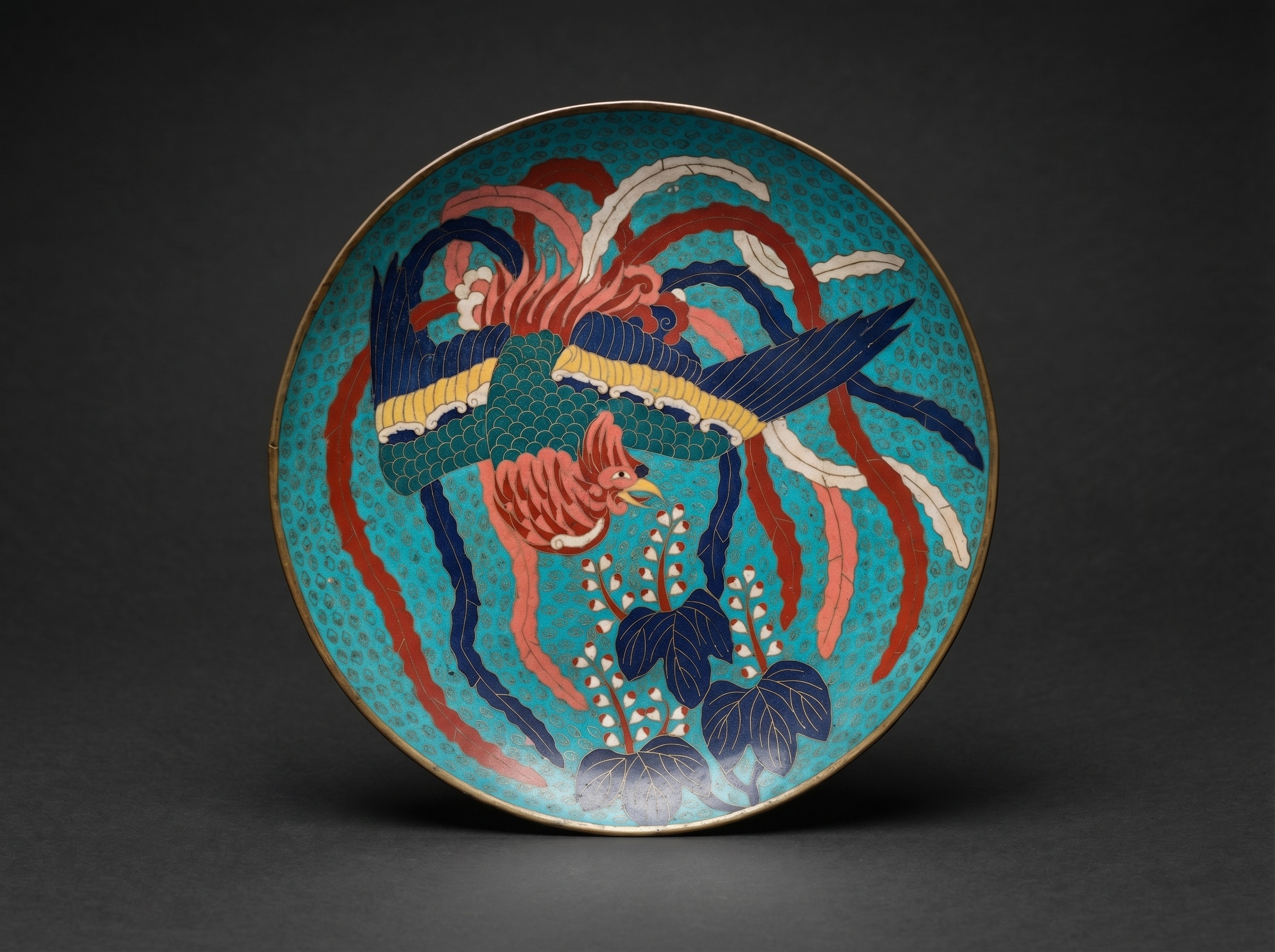 Japanese Cloisonne Enamel Ho-o Bird / Phoenix Charger. Circa 1880.