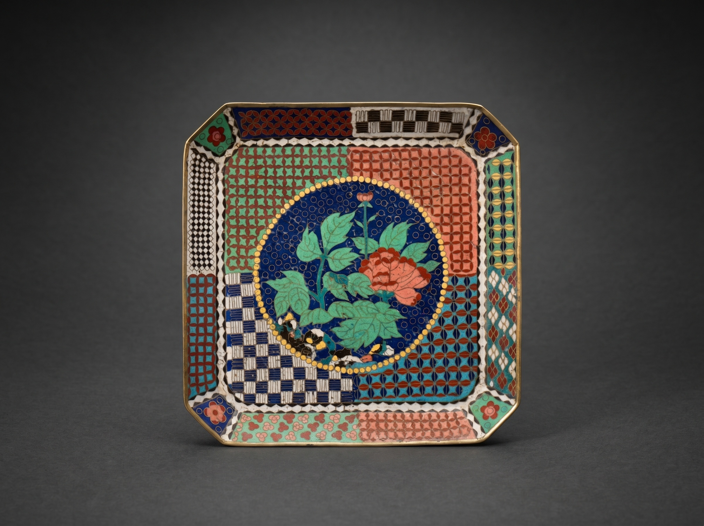 Japanese Cloisonne Enamel Square Tray with Flowers / Mosaic. Circa 1880.