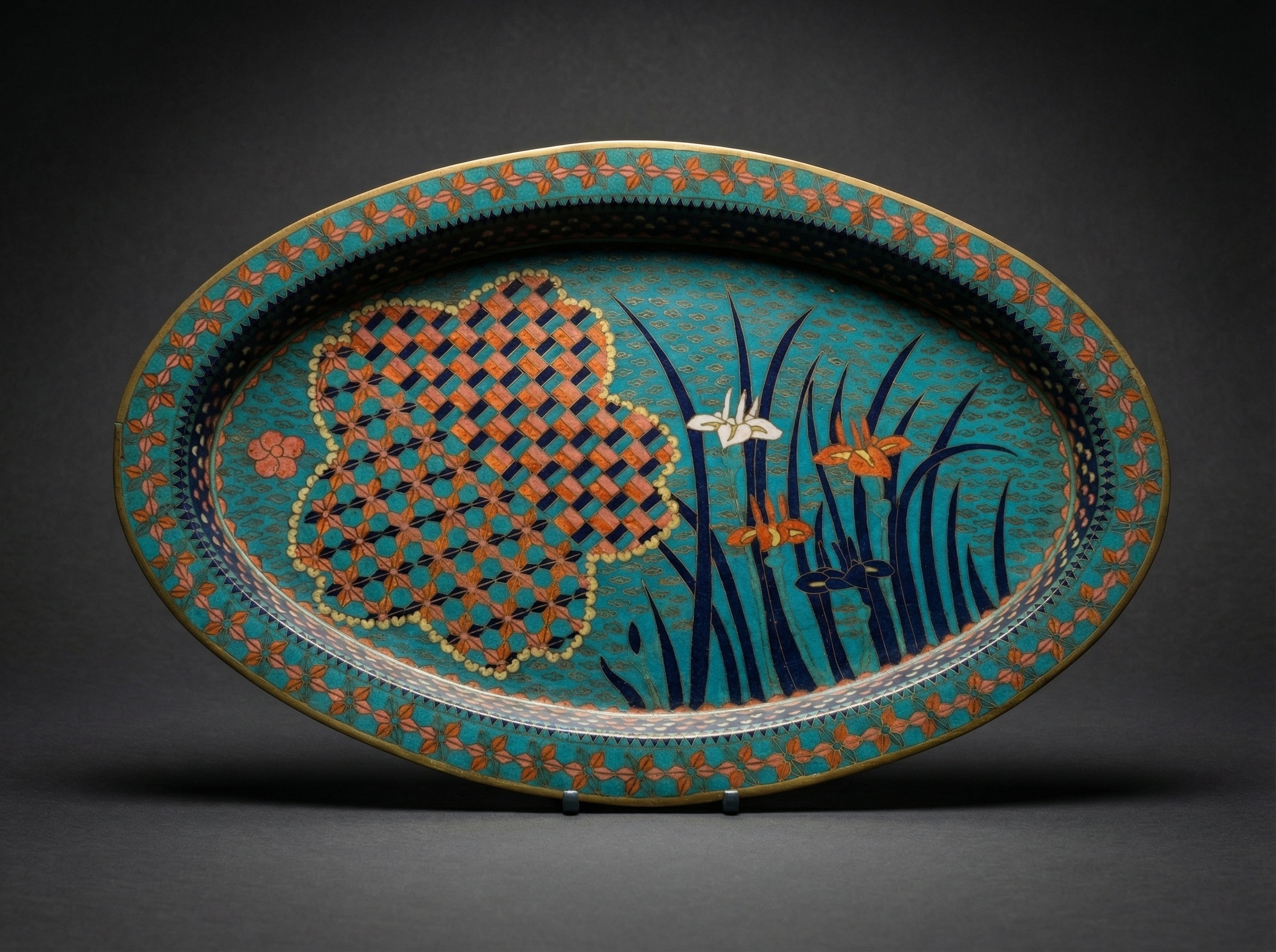 Japanese Cloisonne Large Iris Tray. Circa 1870.