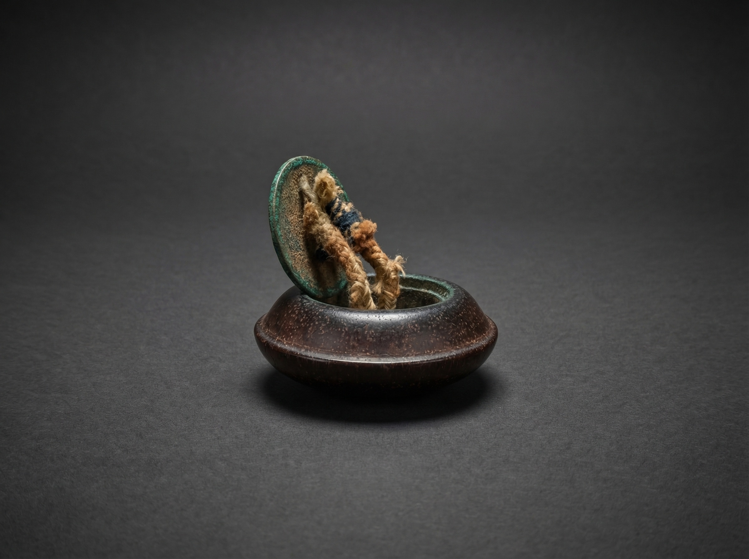 Japanese Edo Wood and Champleve Cloisonne Enamel Netsuke / Manju Kagamibuta Caduceus. C 1850.