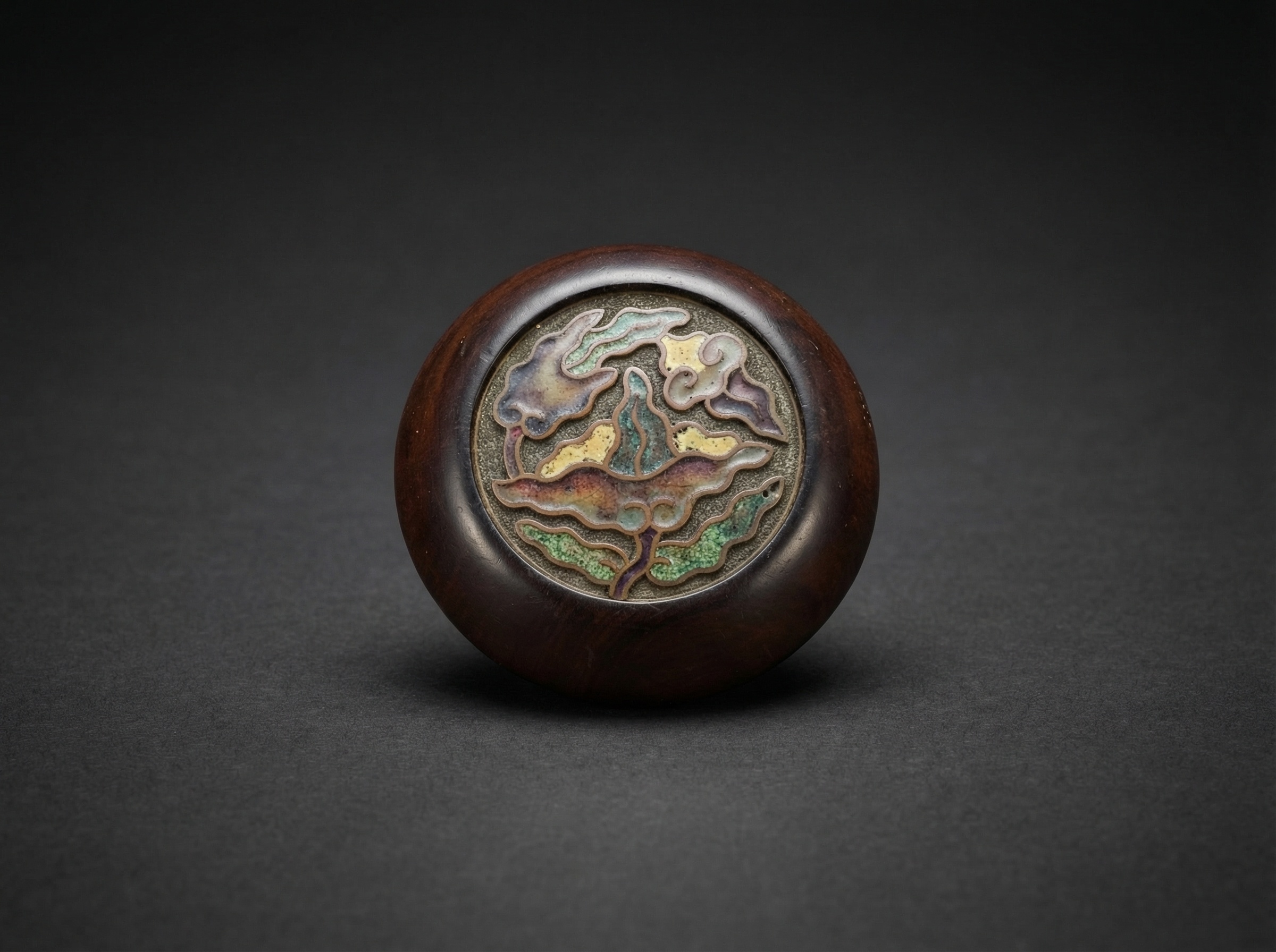 Japanese Edo Wood & Champleve Cloisonne Enamel Kagamibuta Netsuke / Manju. Circa 1850.