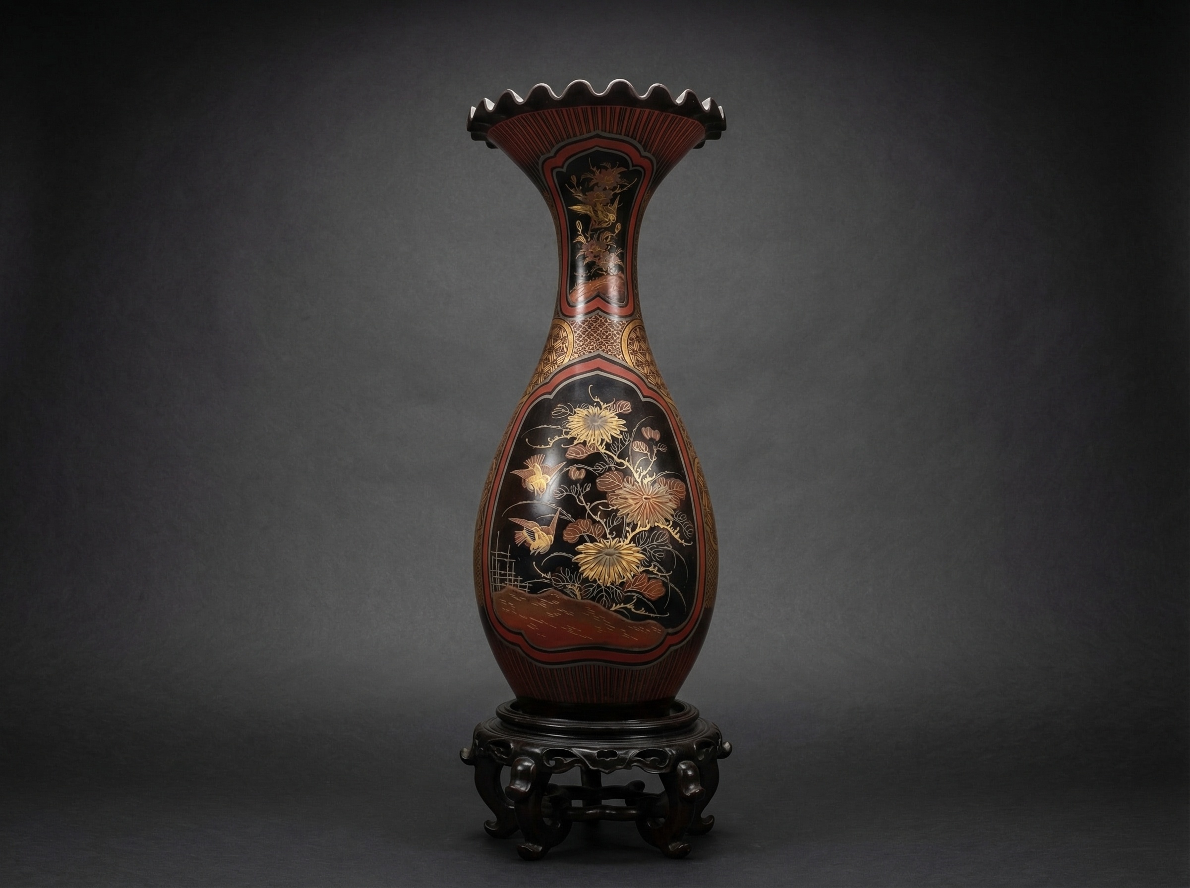 Japanese Porcelain Flared Vase With Lacquer Over Black Paint (47cm). Circa 1880.