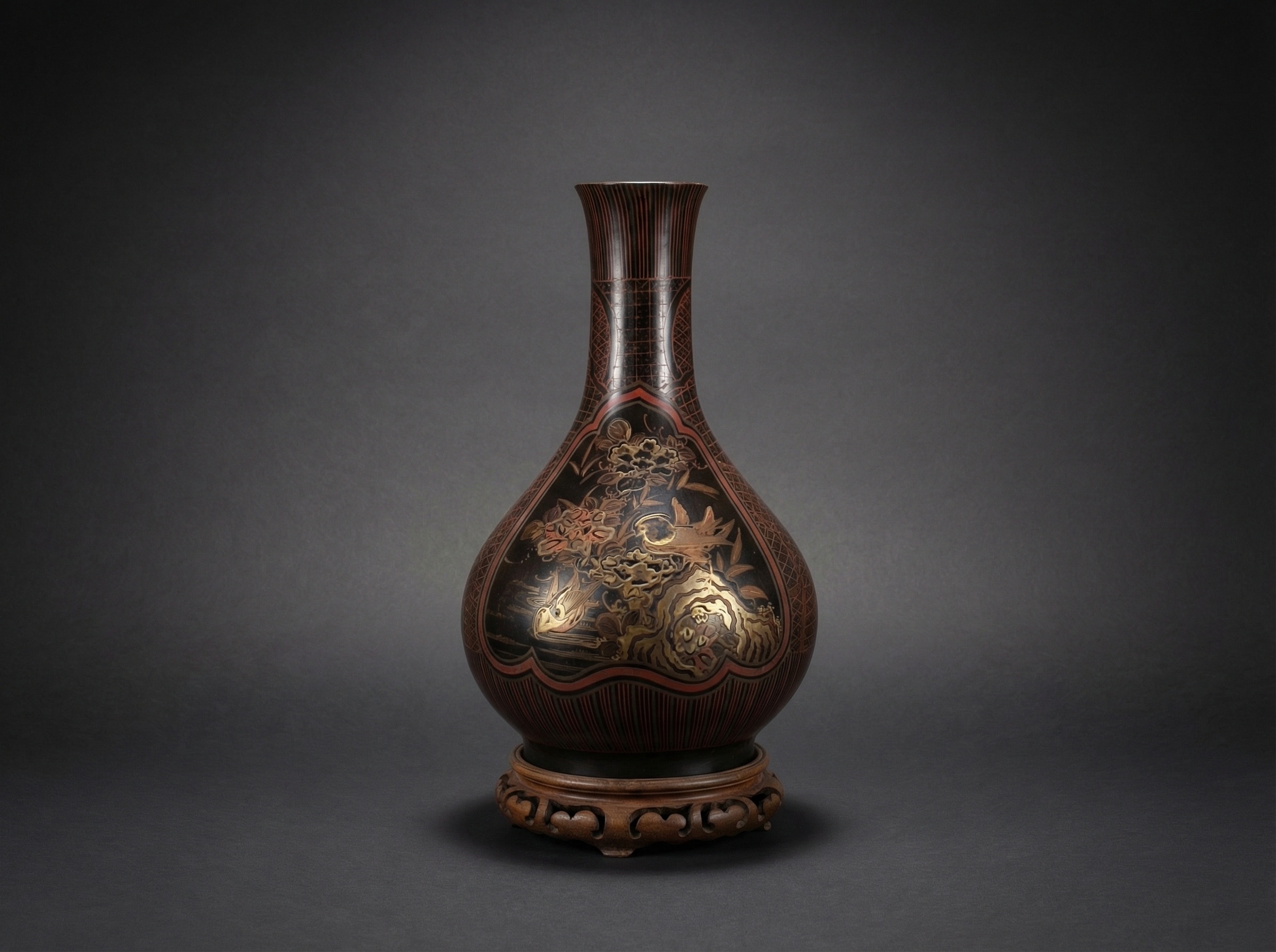 Japanese Porcelain Vase With Lacquer Over Black Paint (30cm). Koi. Circa 1880