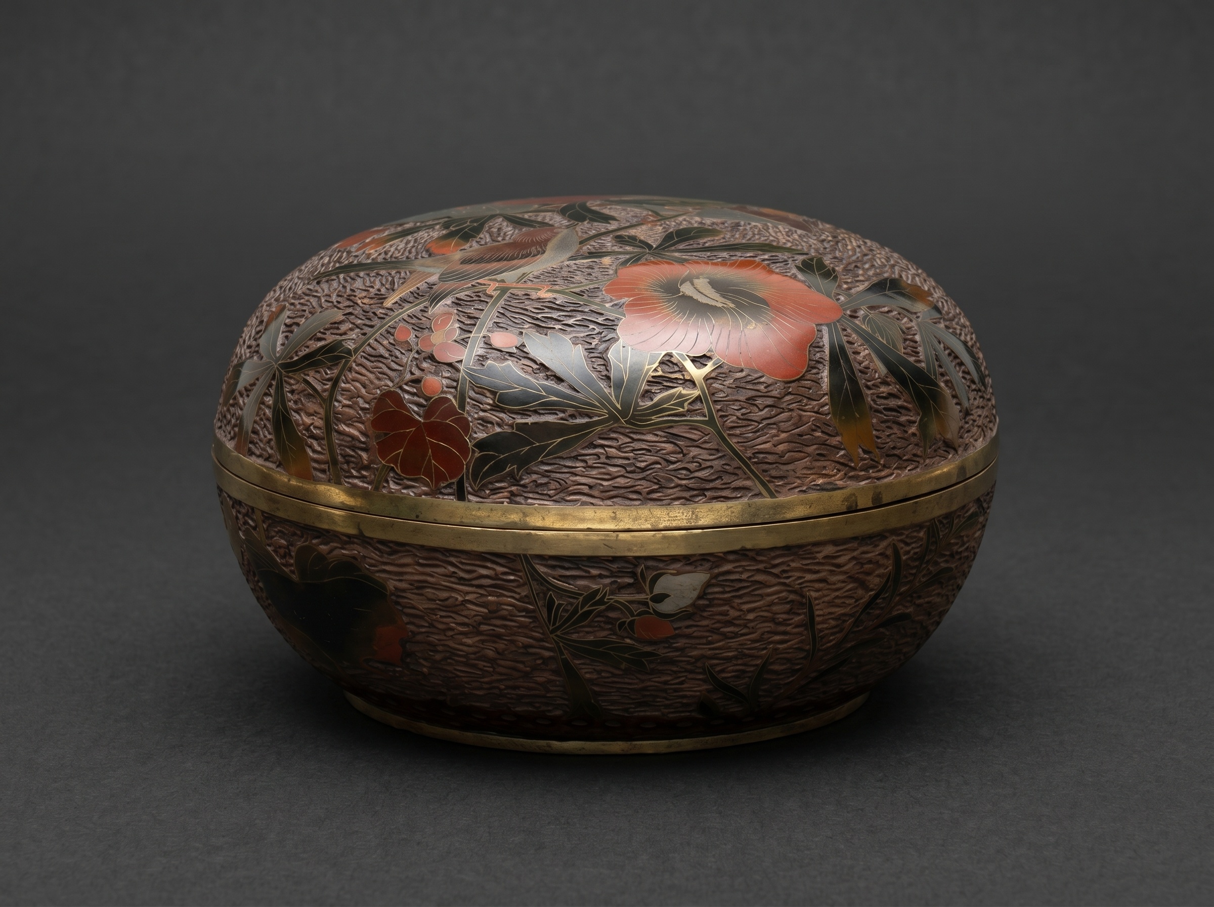 Japanese Totai Shippo Large Round Box - Cloisonne Tree Bark, with Birds / Flowers. Circa 1890.