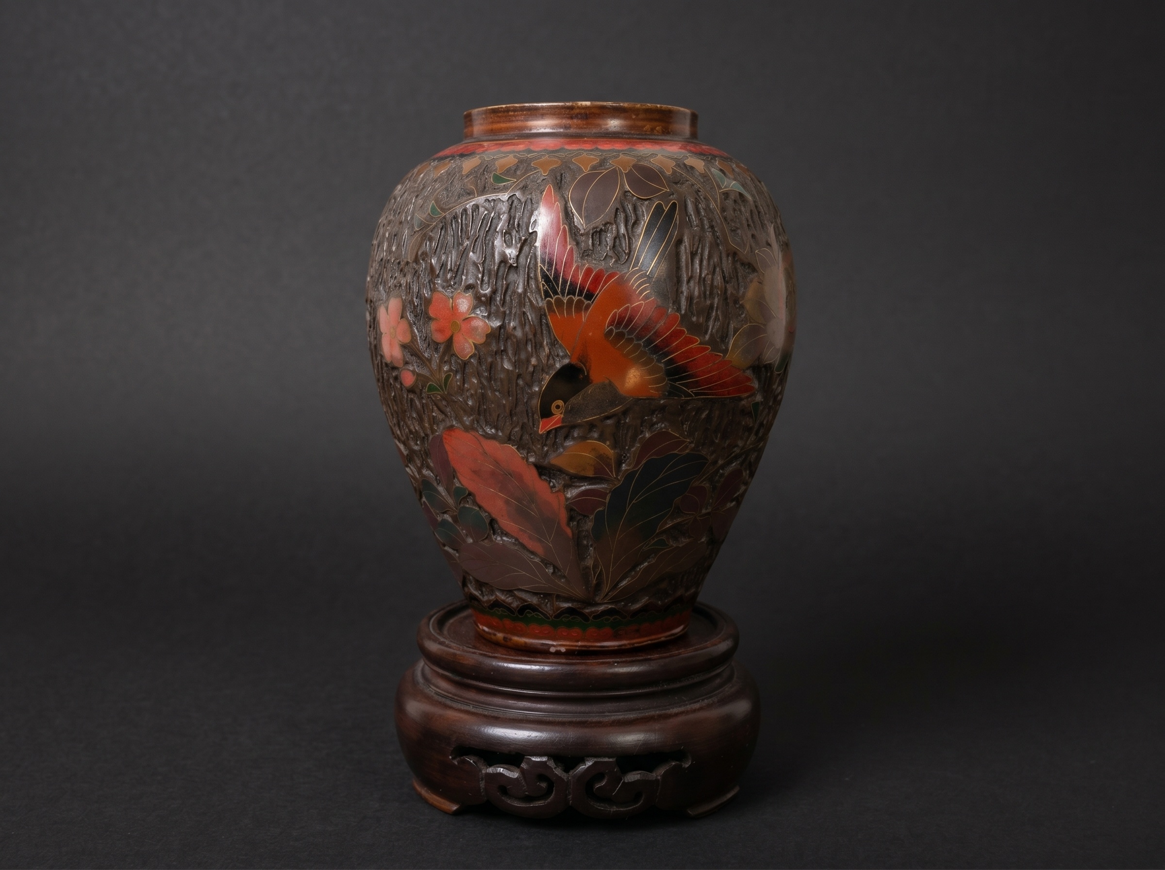 Japanese Totai Shippo Small Vase. Cloisonne Tree Bark. Birds / Flowers. Circa 1890.