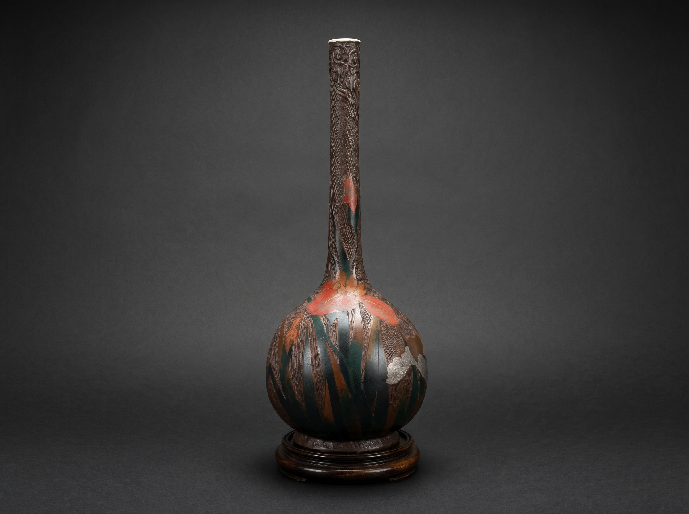 Japanese Totai Shippo Tall Flower Vase. Cloisonne Tree Bark - Irises. Circa 1890.