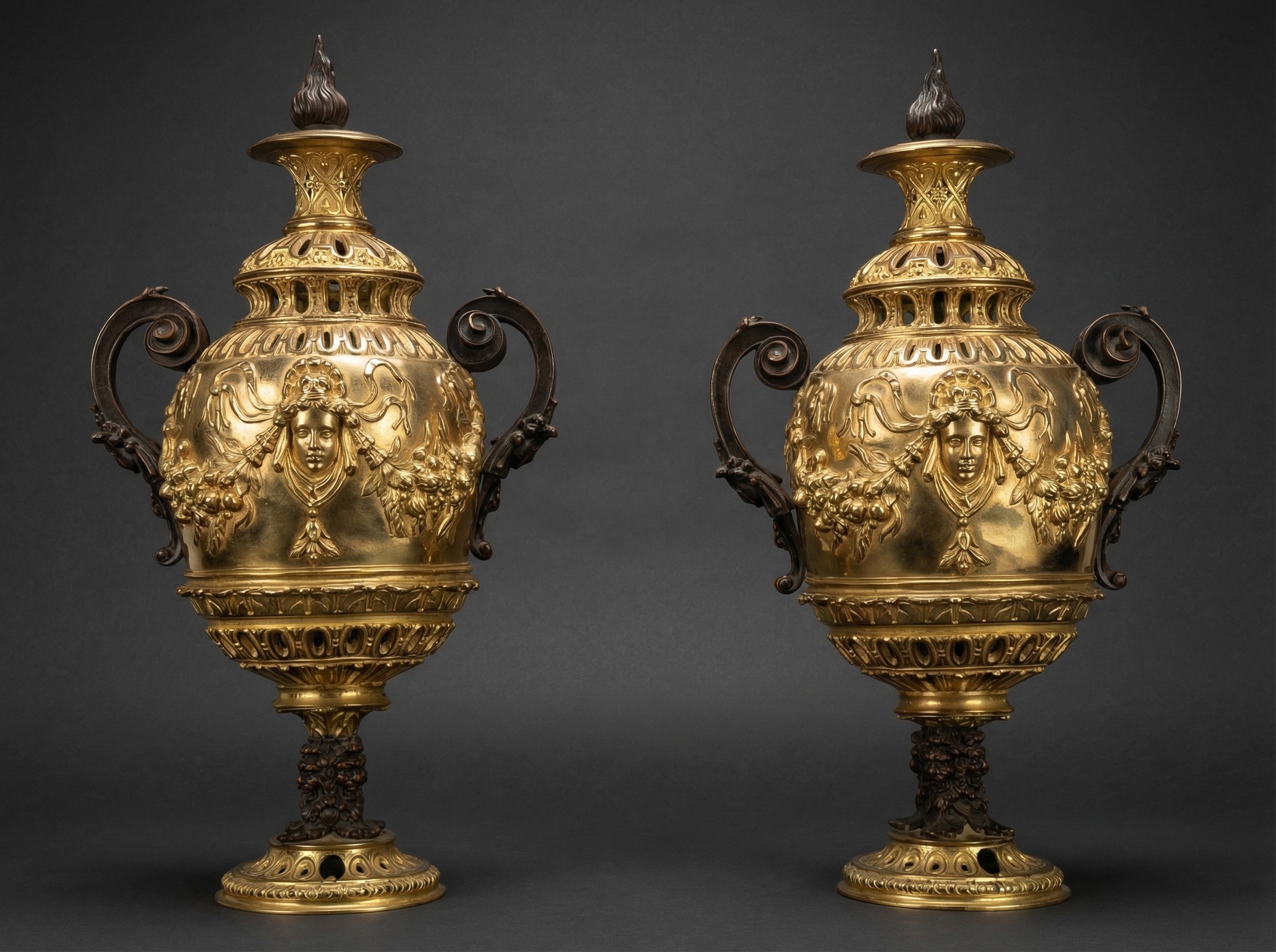 Large Antique Pair French Ormolu Bronze Cassolettes C1880.