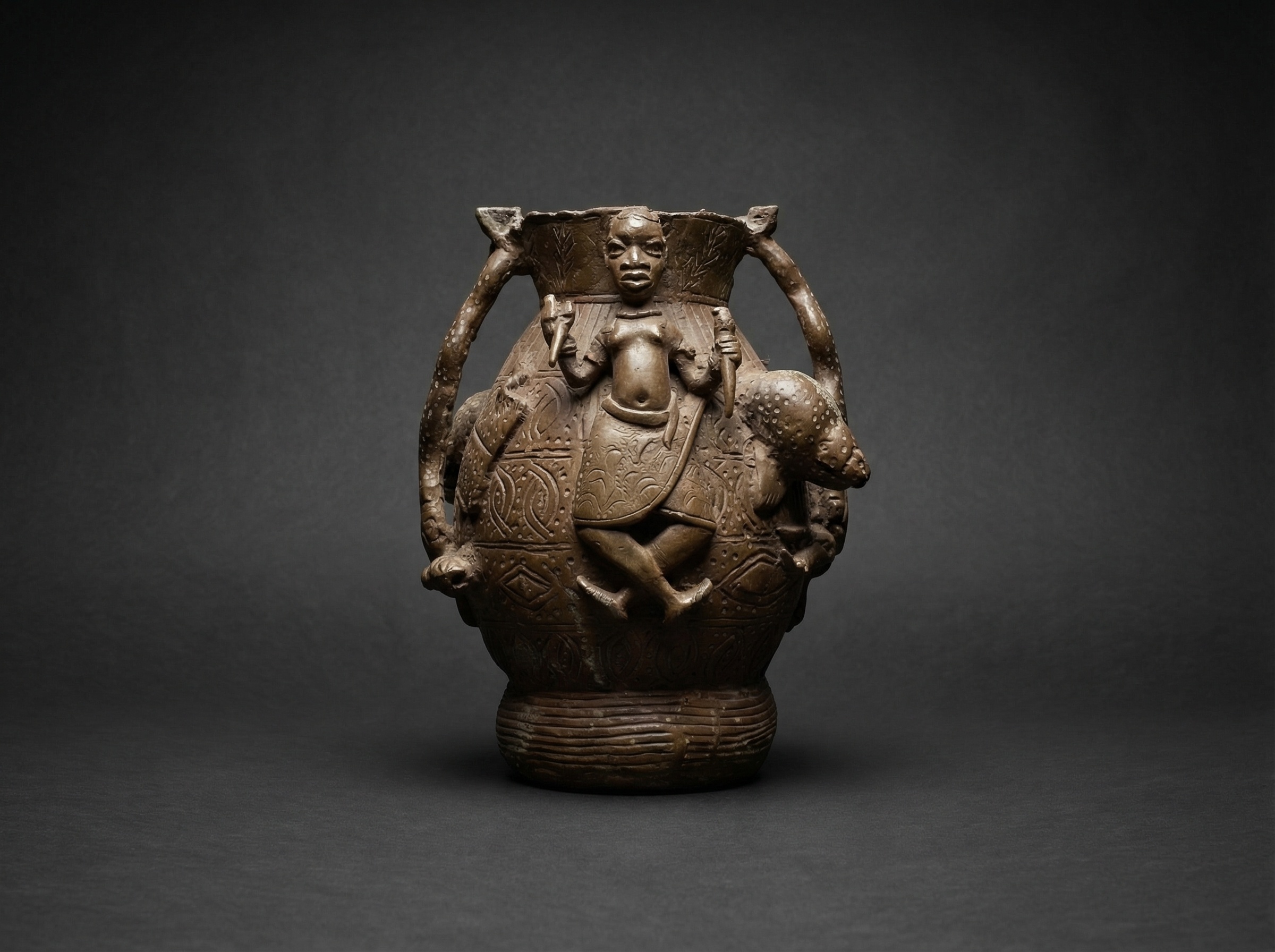 Large Bronze African Benin Tribal Pot / Container. c.1890