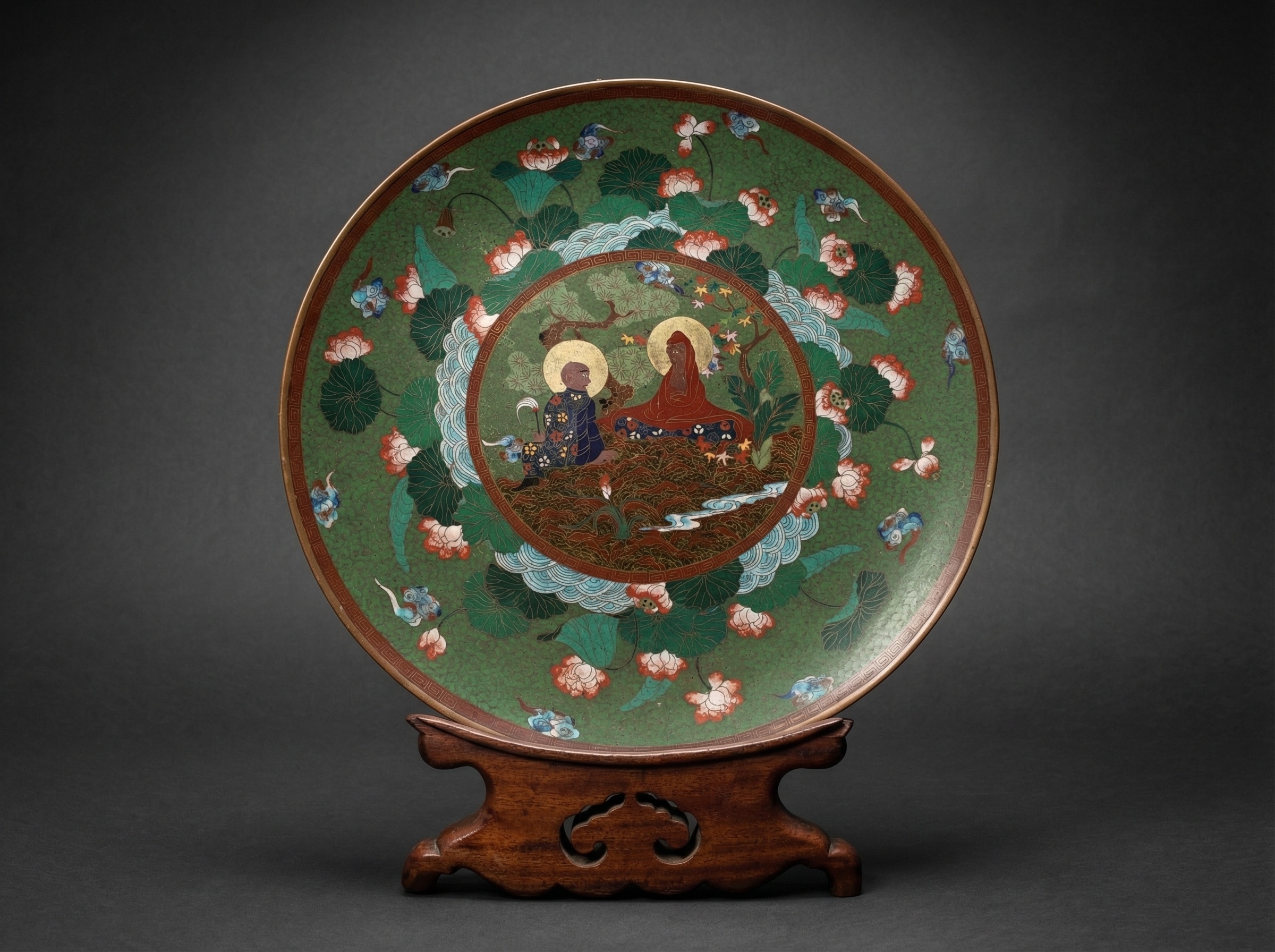 Large Japanese Cloisonne Charger with Buddahs. Circa 1890.