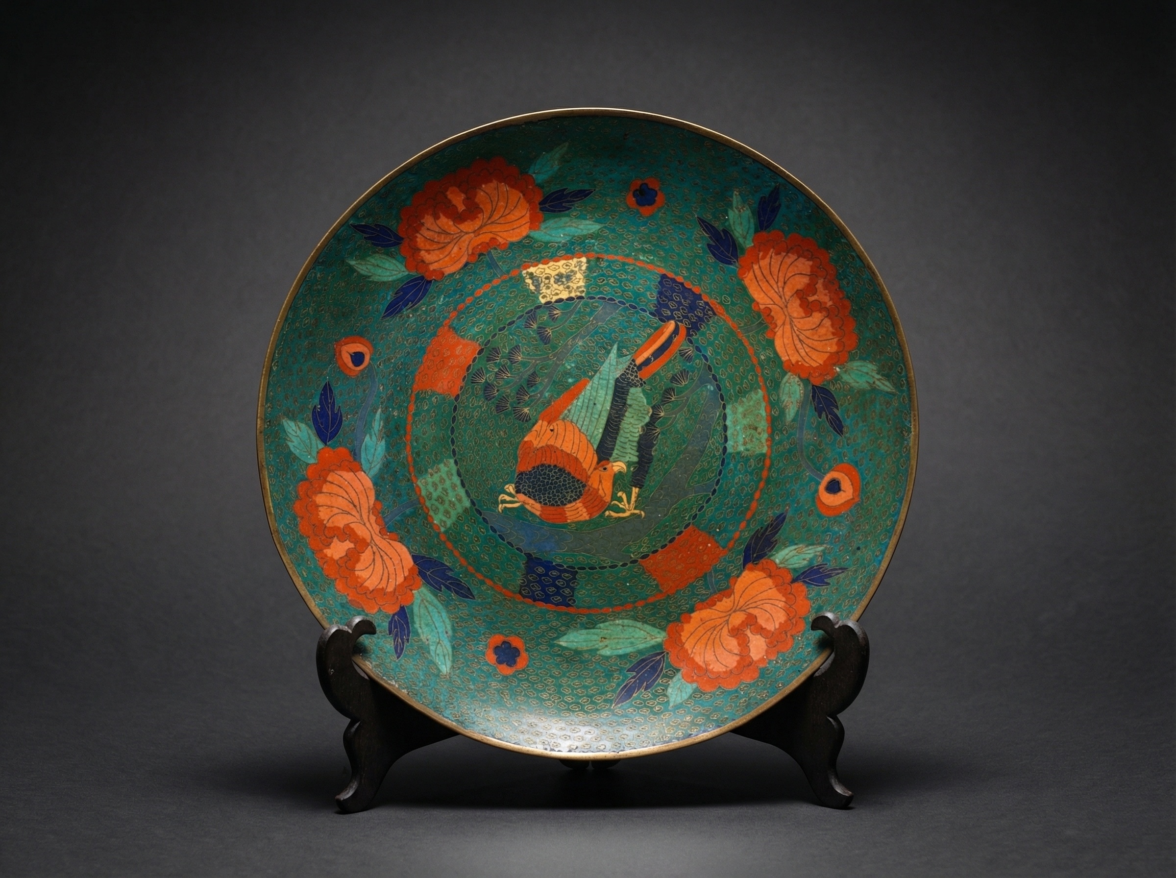 Large Japanese Cloisonne Enamel Charger with Bird. Circa 1880.