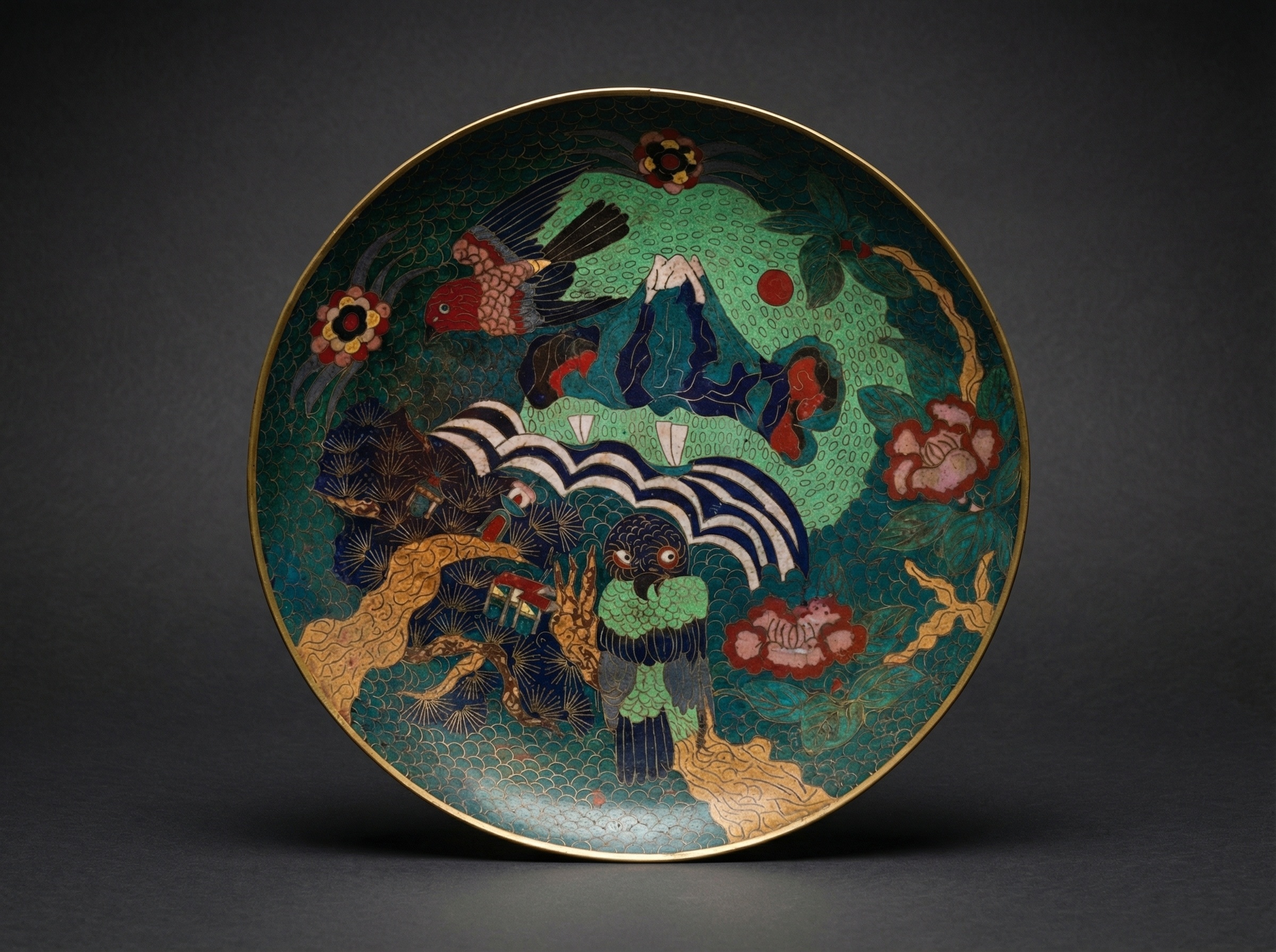 Large Japanese Cloisonne Enamel Charger with Owl and Mt Fuji. Circa 1880.