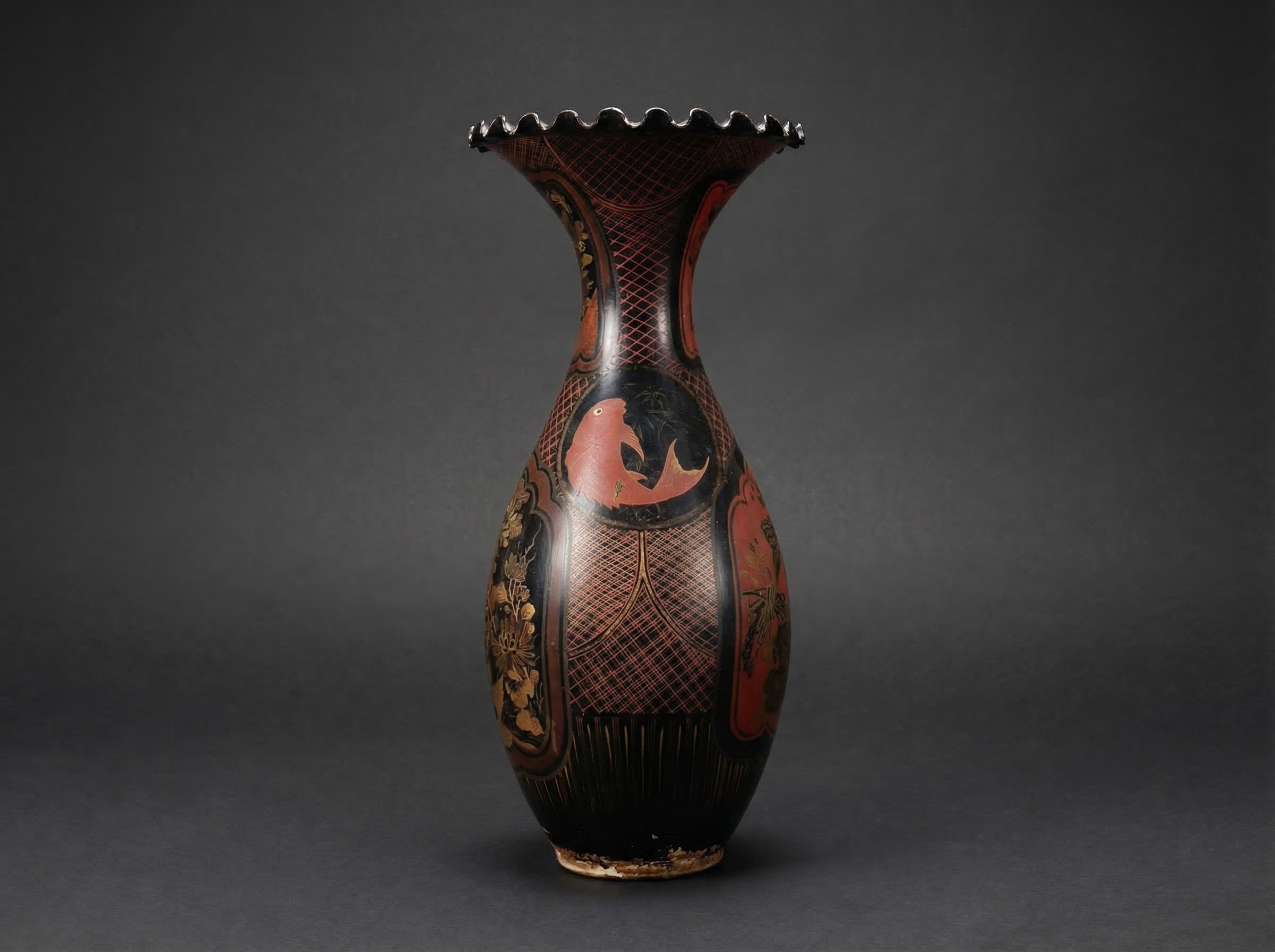 Large Japanese Porcelain Flared Vase. Lacquer Over Black Paint, with Koi. (60cm). Circa 1880.