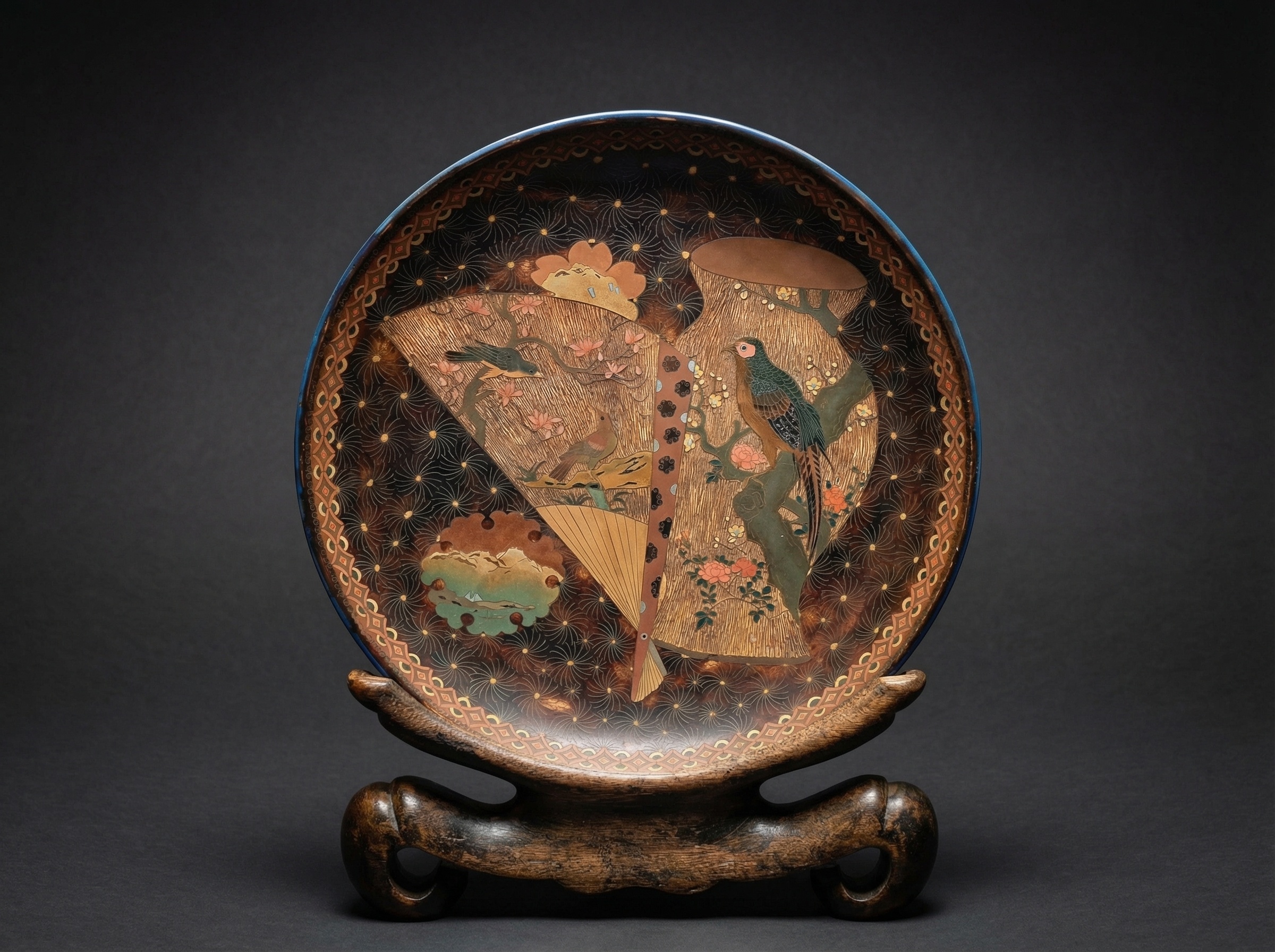 Large Japanese Totai Shippo Charger. Cloisonne Tree Bark - Picturesque Scenery. Circa 1890.