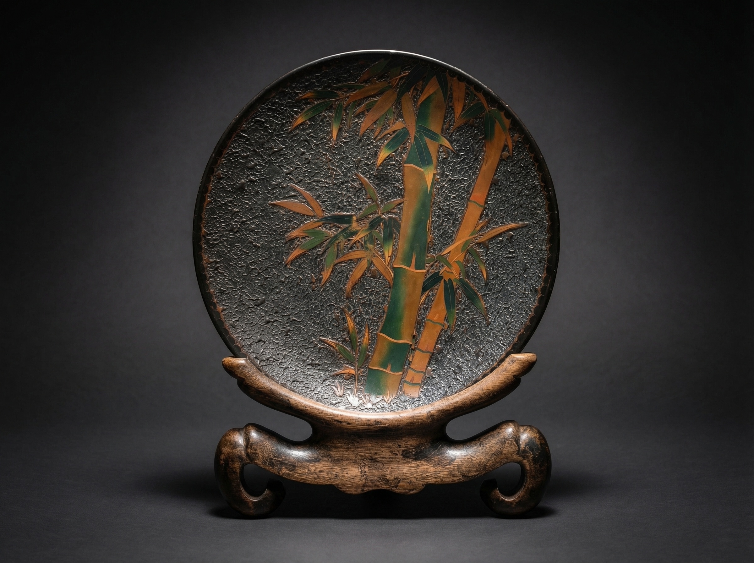Large Japanese Totai Shippo Charger. Cloisonne Tree Bark, with Bamboo. Circa 1890. Signed.