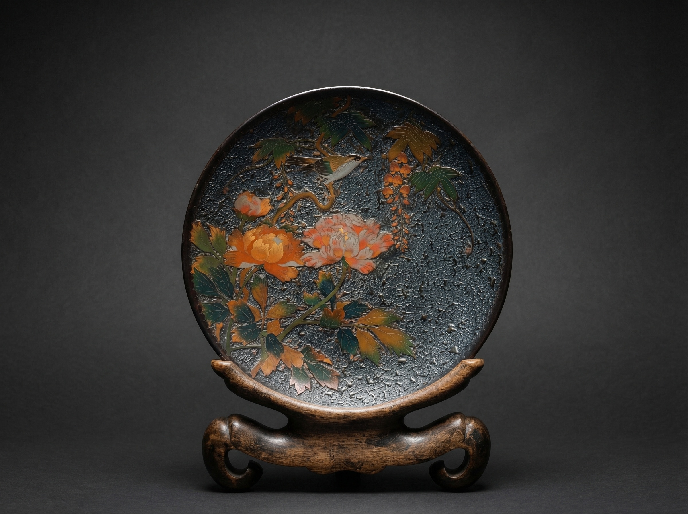 Large Japanese Totai Shippo Charger. Cloisonne Tree Bark, with Birds and Flowers. Circa 1890. Signed.