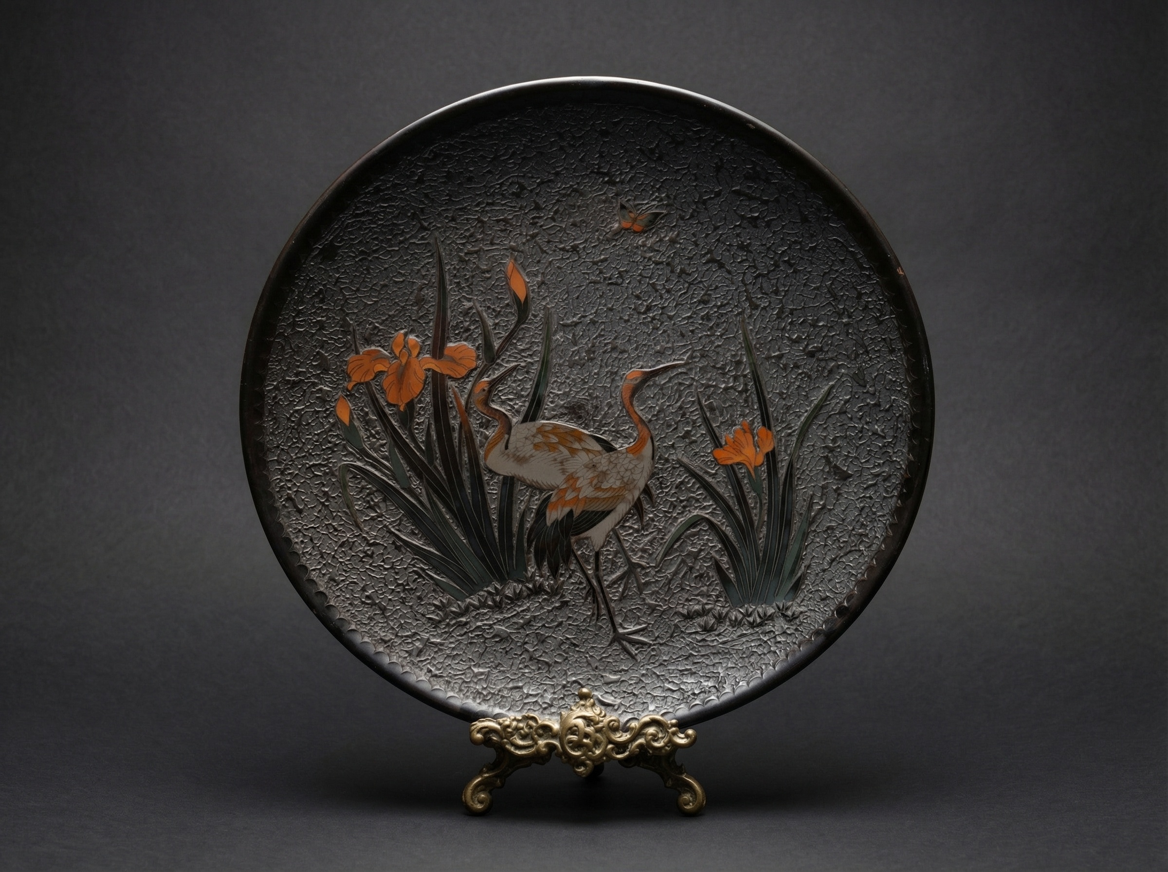 Large Japanese Totai Shippo Charger. Cloisonne Tree Bark, with Cranes. Circa 1890. Signed.