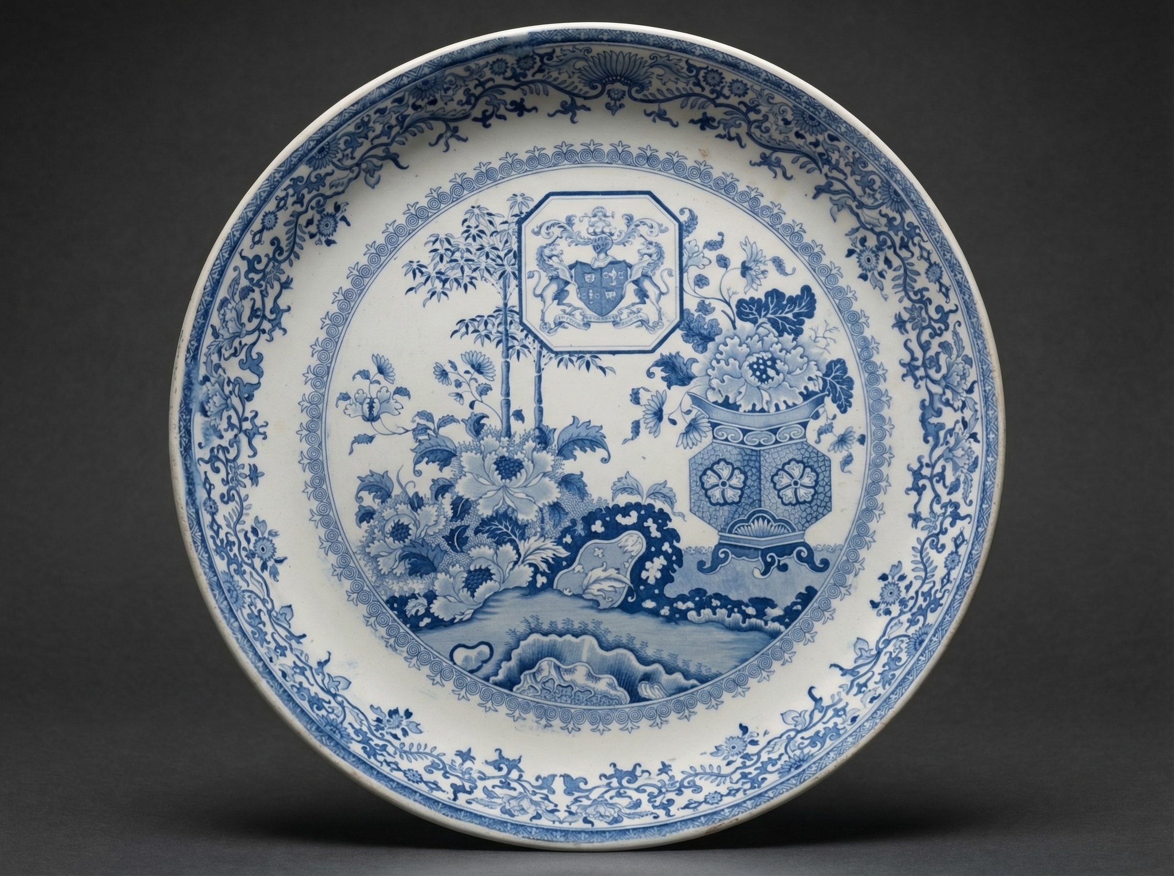 Large Minton Blue And White Compote. London Goldsmiths Coat of Arms. C 1820