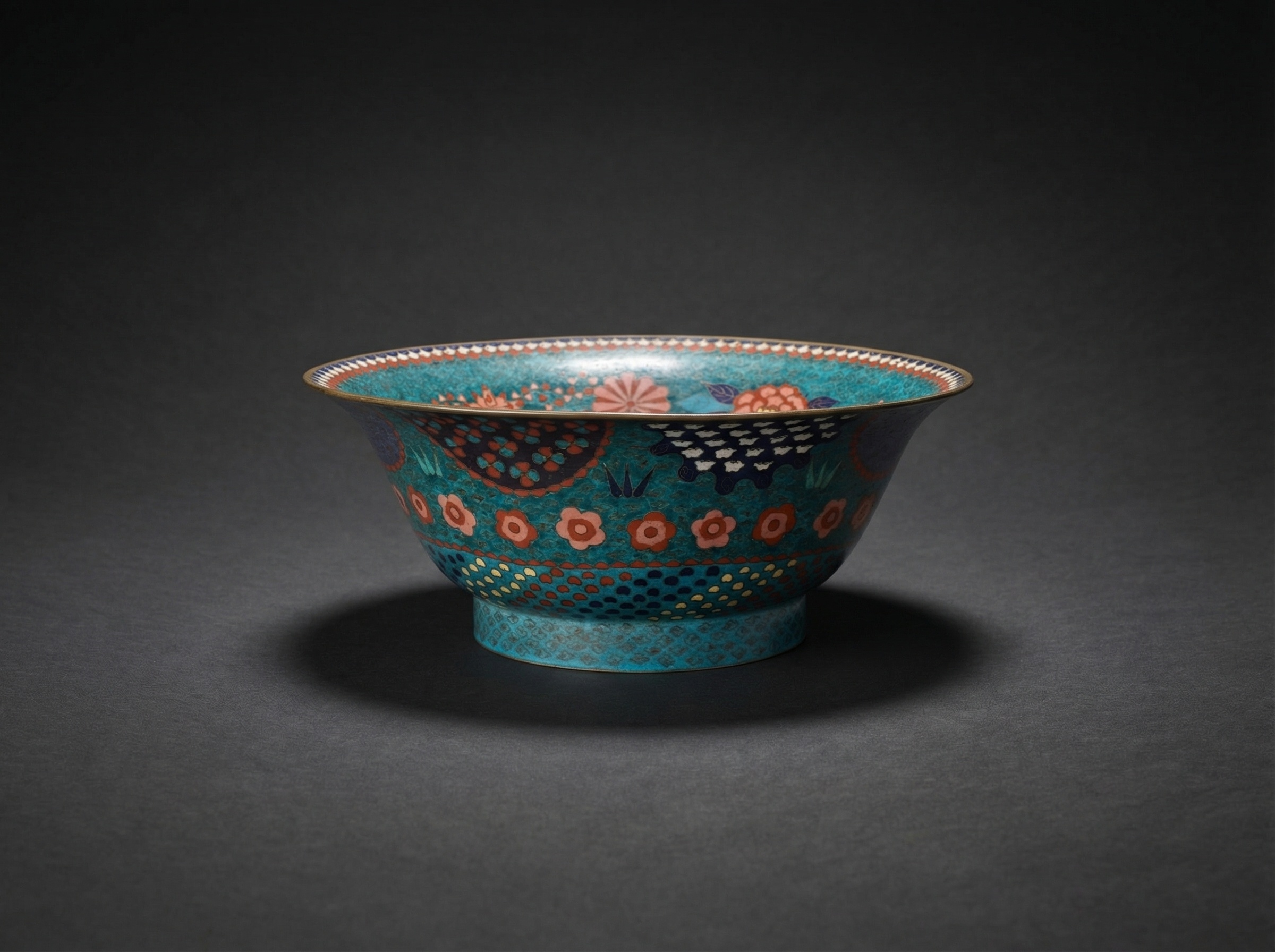 Large Rare Japanese Cloisonne Enamel Bowl with Peony Decoration. Circa 1890.