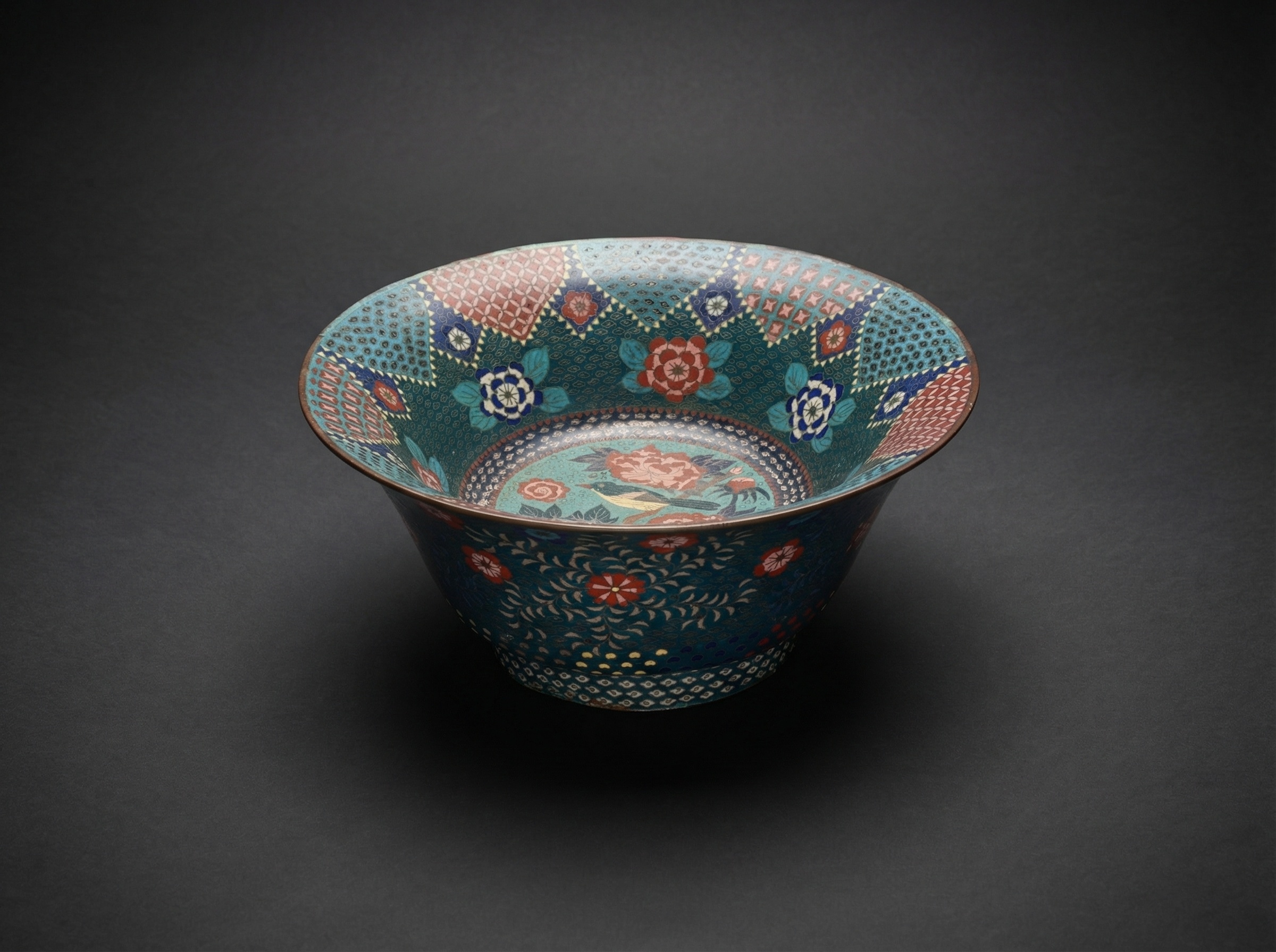 Large Rare Japanese Cloisonne Enamel Bowl with Small Bird Decoration. Circa 1890.