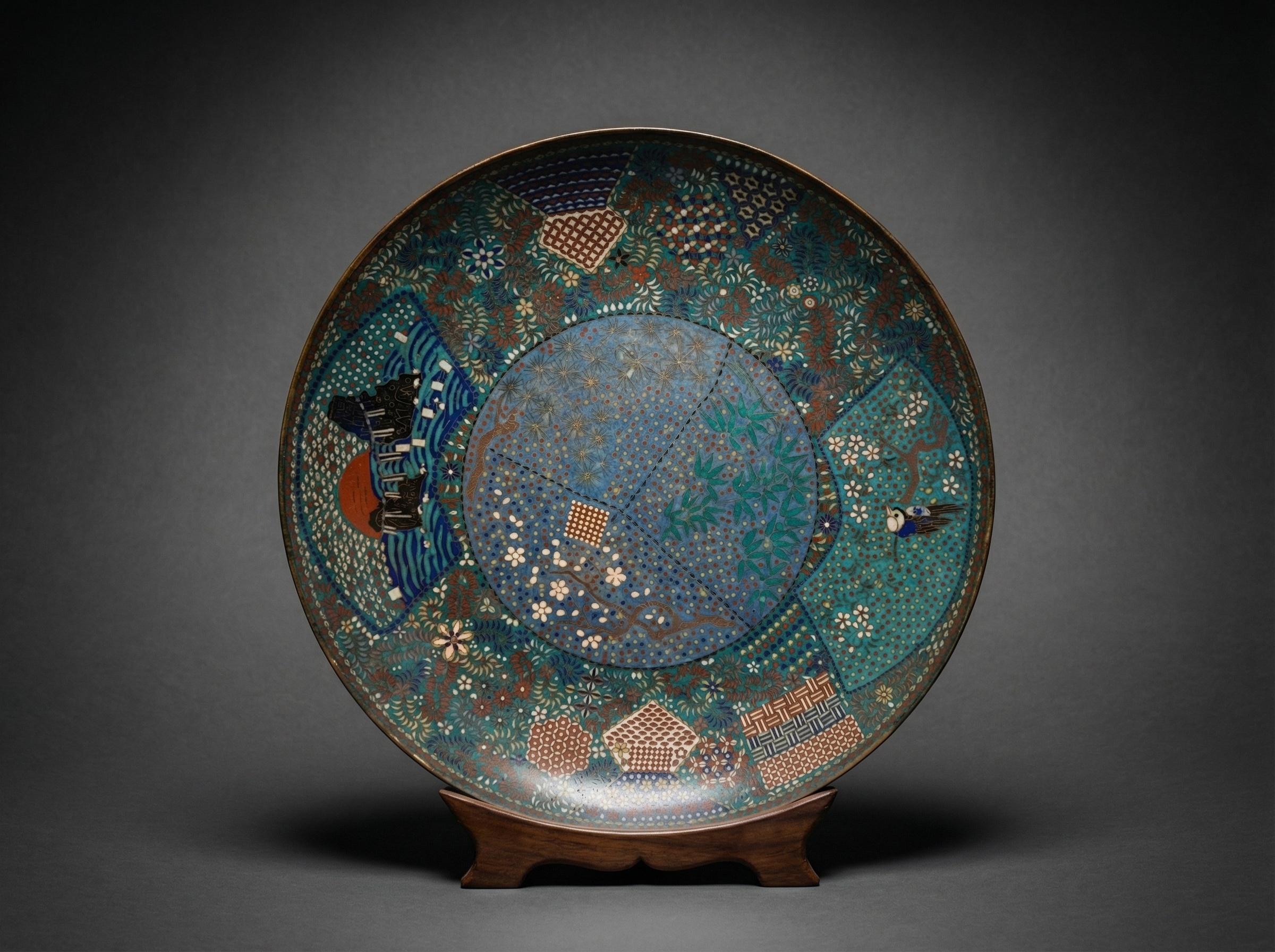Large Rare Japanese Cloisonne Enamel Plate. Spectacular Decoration. Circa 1870.