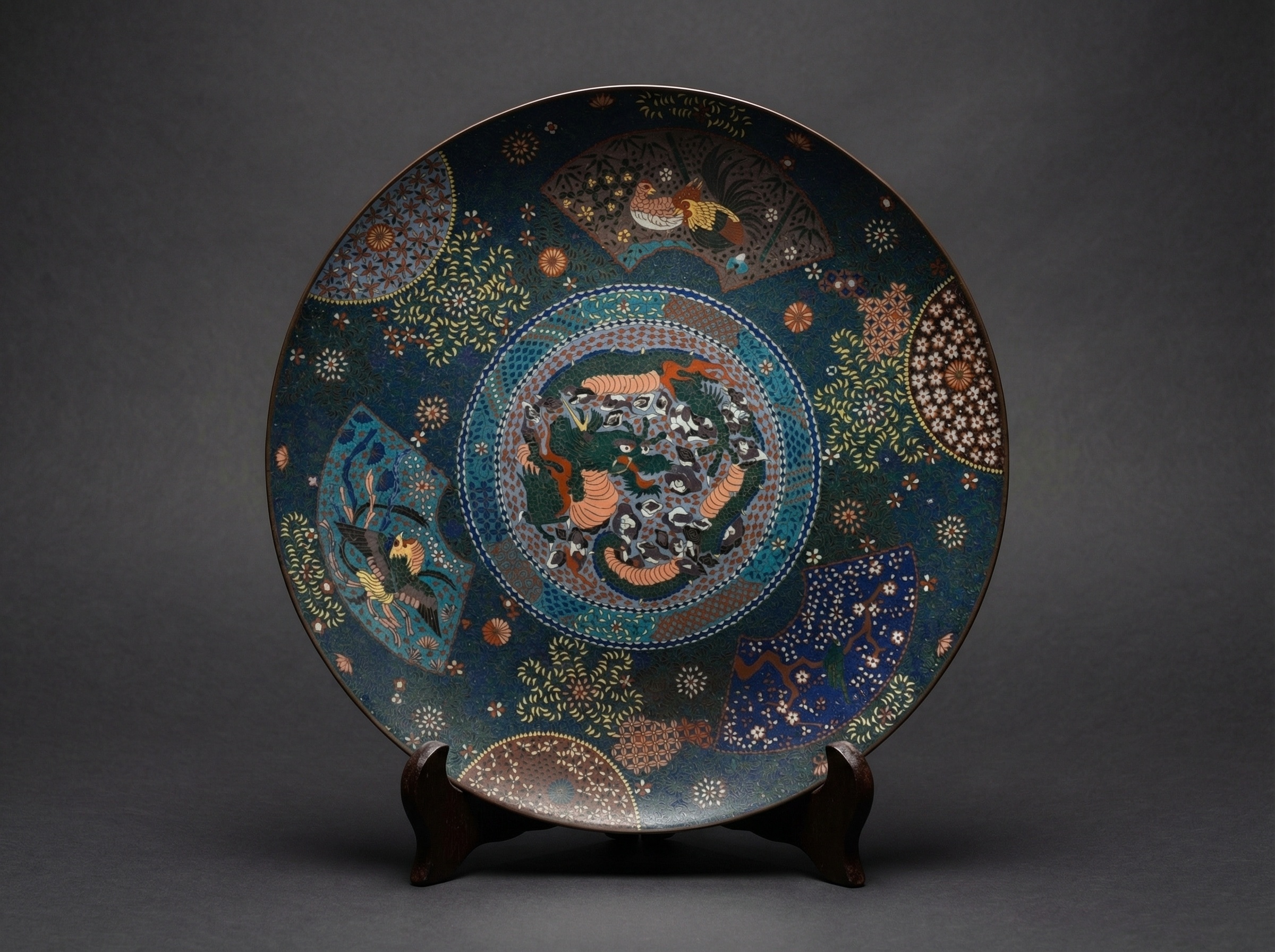 Masterpiece Huge Japanese Cloisonne Enamel Dragon Charger. Late Edo Period. Circa 1860.