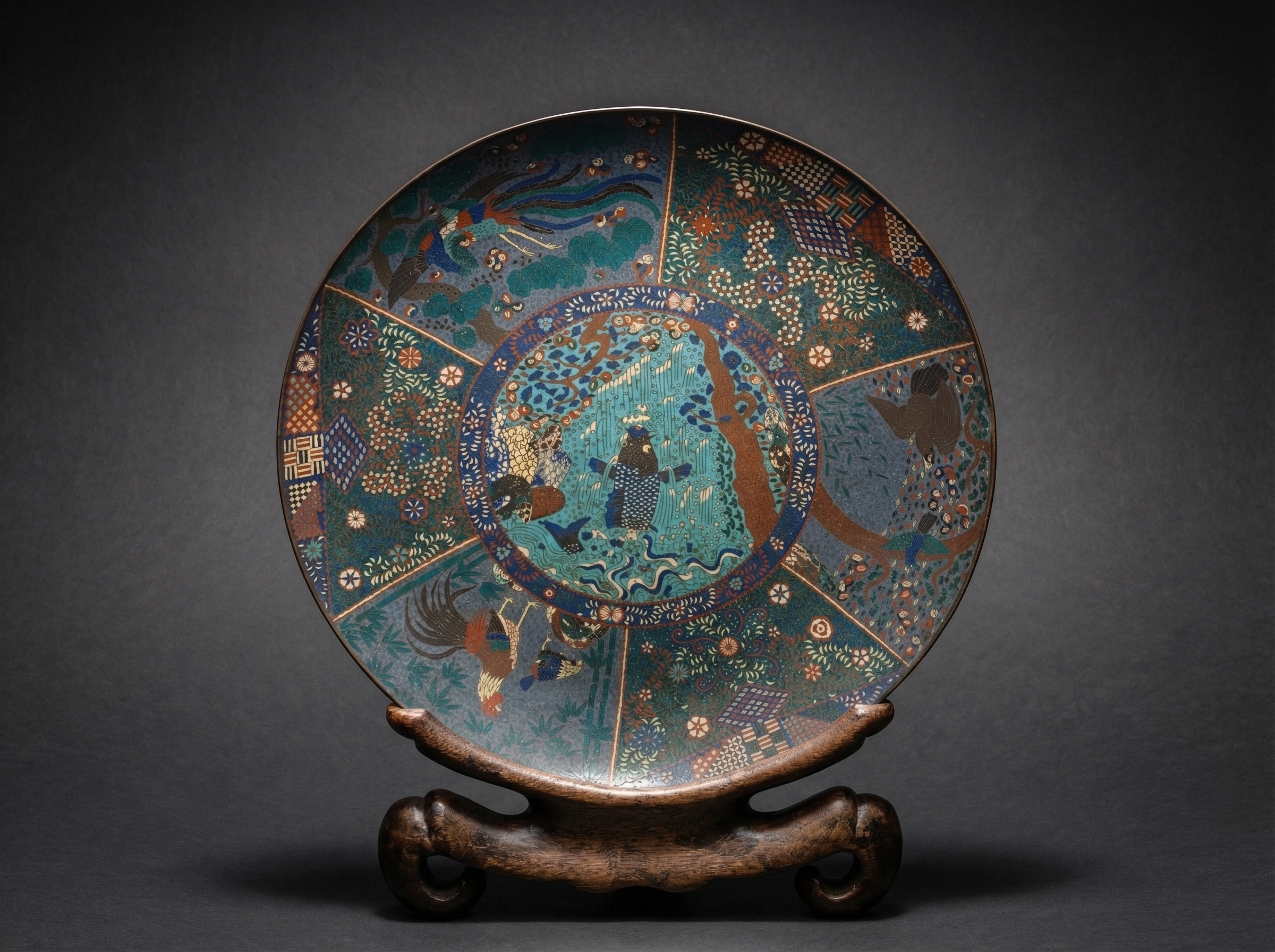 Masterpiece Huge Japanese Cloisonne Enamel 'Leaping Koi' Charger (40cm). Edo Period. Circa 1860.