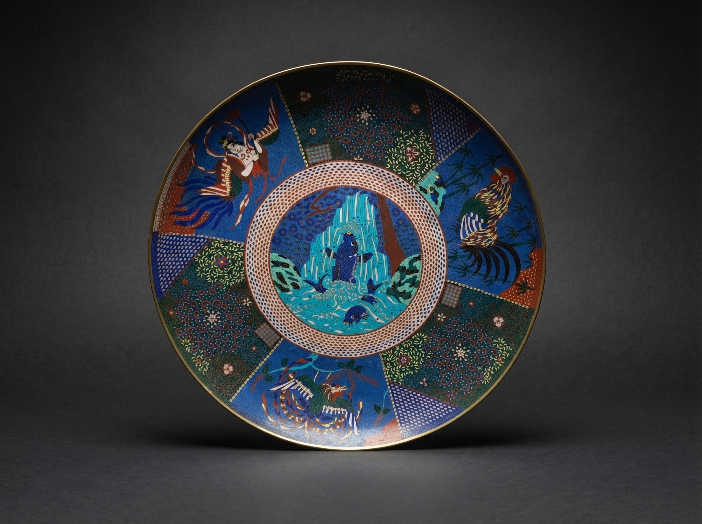 Masterpiece Huge Japanese Cloisonne Enamel 'Leaping Koi' Charger. Edo Period (50cm). Circa 1860.