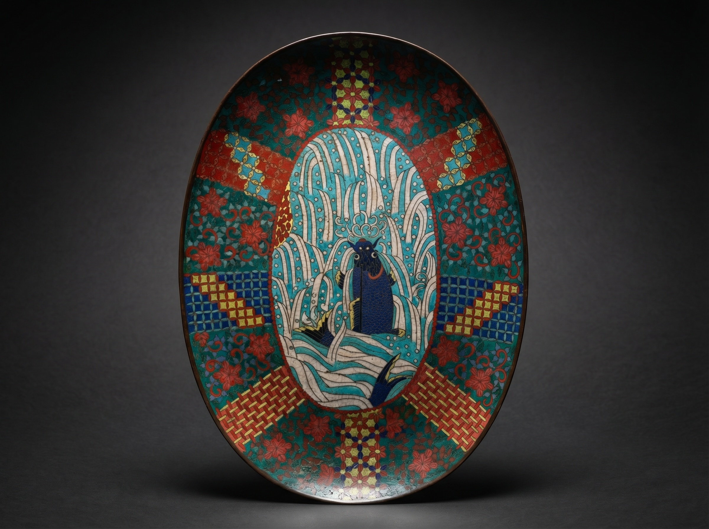Masterpiece Japanese Cloisonne Enamel Leaping Koi Tray. Circa 1890.