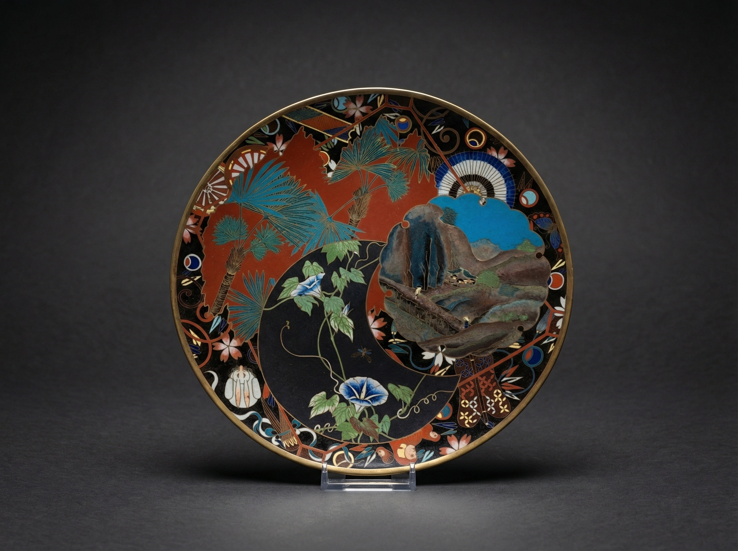 Masterpiece Japanese Cloisonne Plate with Auspicious Symbols. Circa 1900.