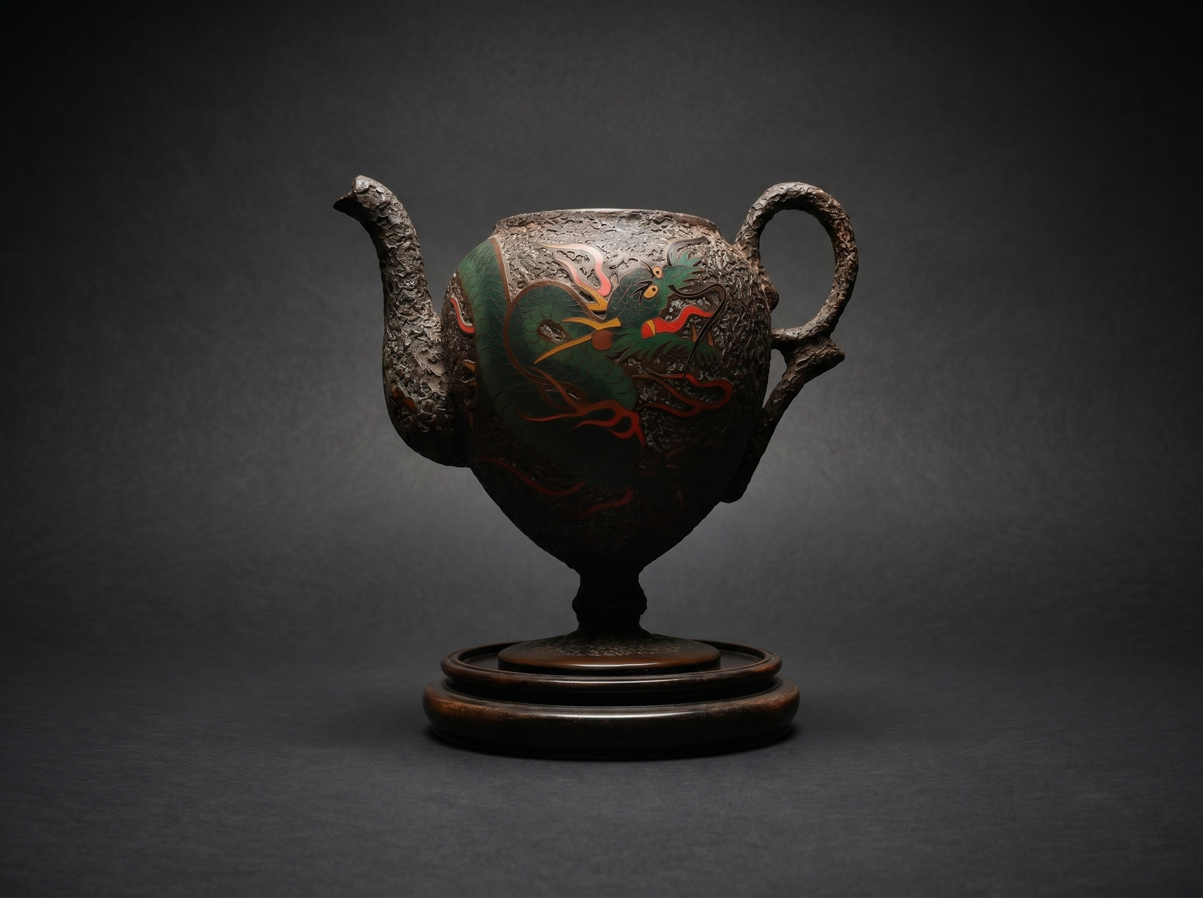 Masterpiece Japanese Totai Shippo Sake Teapot. Cloisonne Tree Bark - Dragon. Circa 1890. Signed.