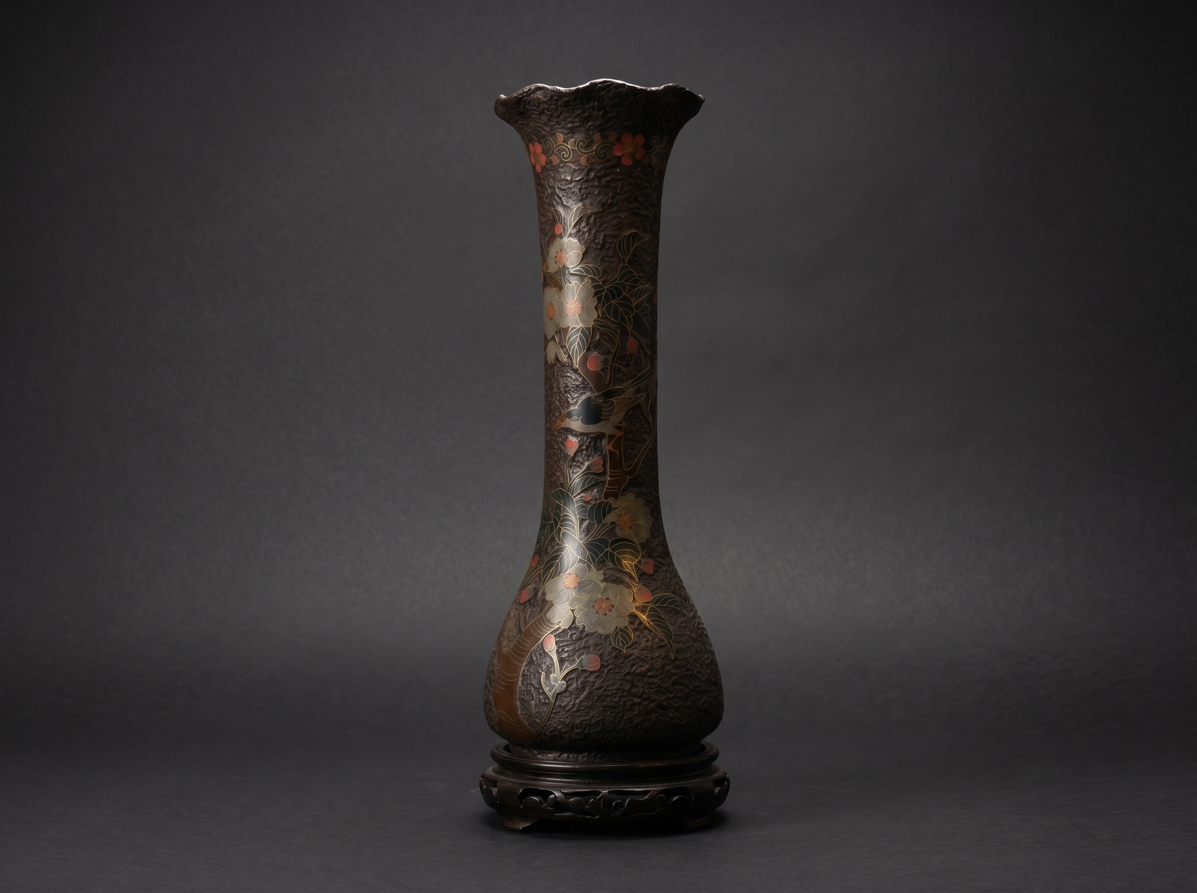Masterpiece Japanese Totai Shippo Tall Vase. Cloisonne Tree Bark - Bird and Flowers. Circa 1890. Signed.