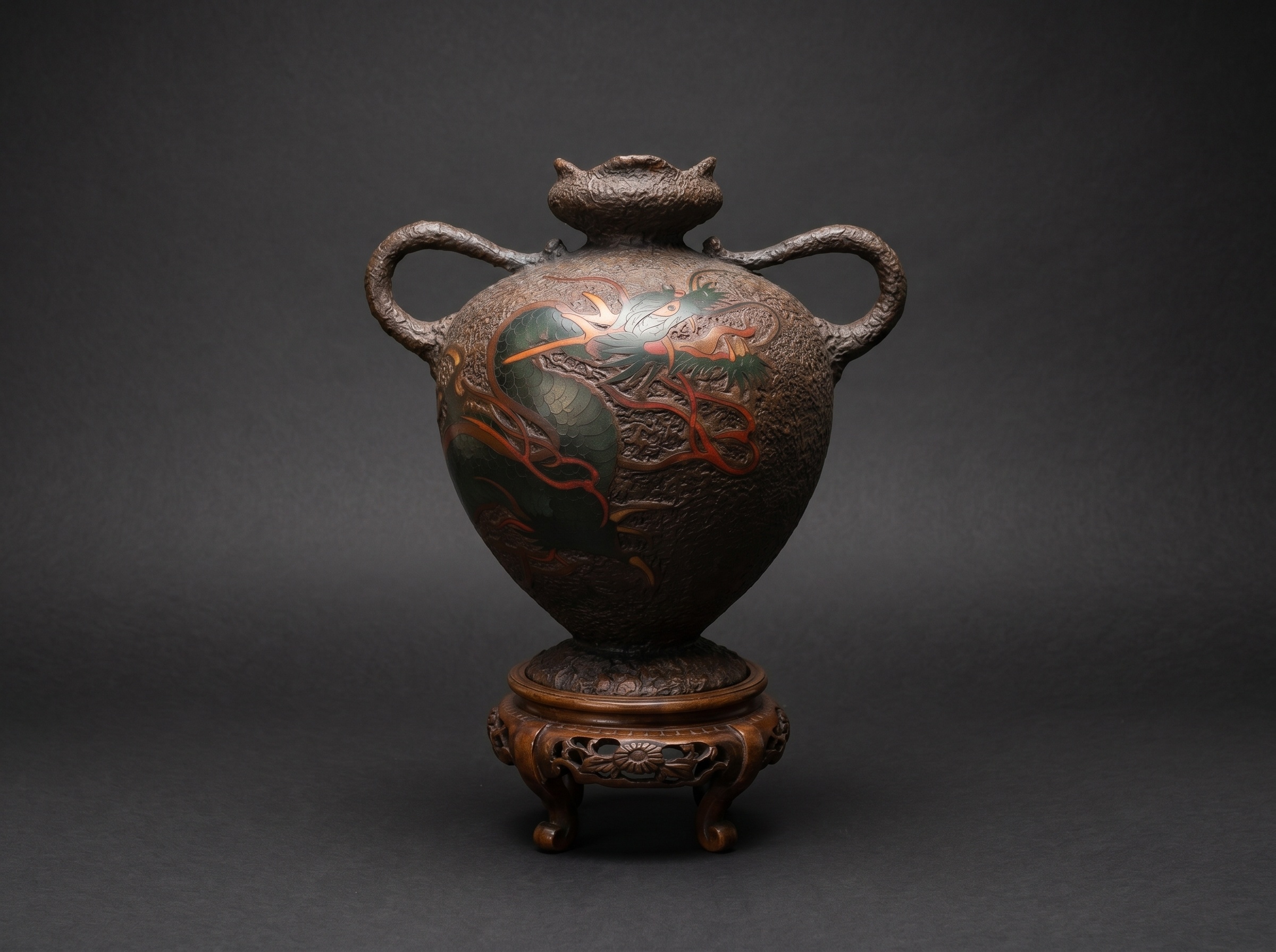 Masterpiece Japanese Totai Shippo Vase. Cloisonne Tree Bark - Dragon. Circa 1890. Signed.