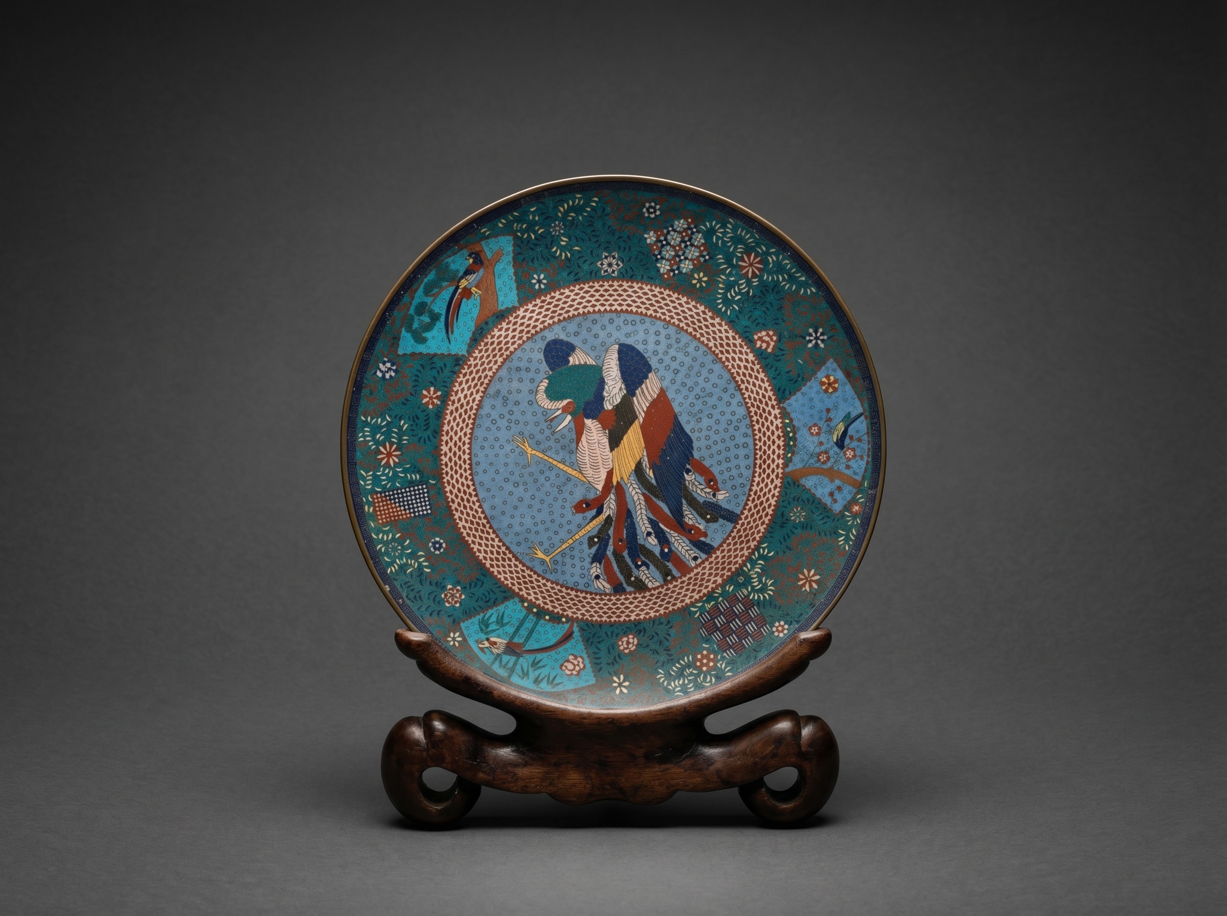 Masterpiece Large Japanese Cloisonne Enamel 'Ho-o' Bird Charger. Late Edo Period. Circa 1860.