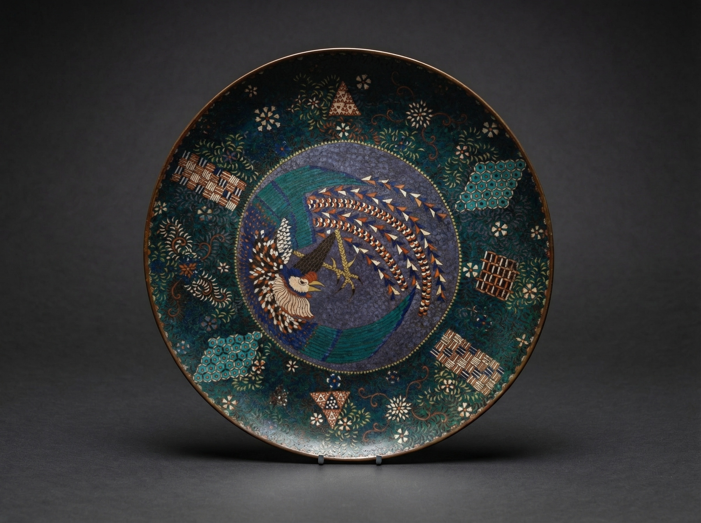 Masterpiece Large Japanese Cloisonne Enamel 'ho-o' Bird Charger. Late Edo Period. Circa 1860.