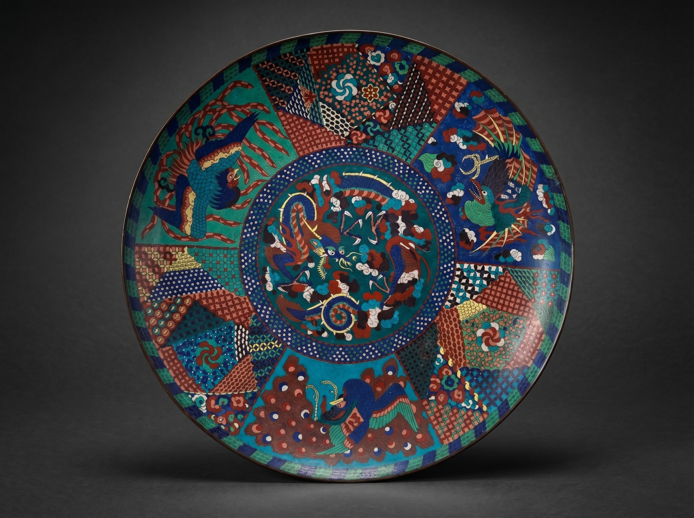 Masterpiece / Monumental Japanese Cloisonne Enamel 'Dragon' Charger (63cm). Circa 1865 - 1870.