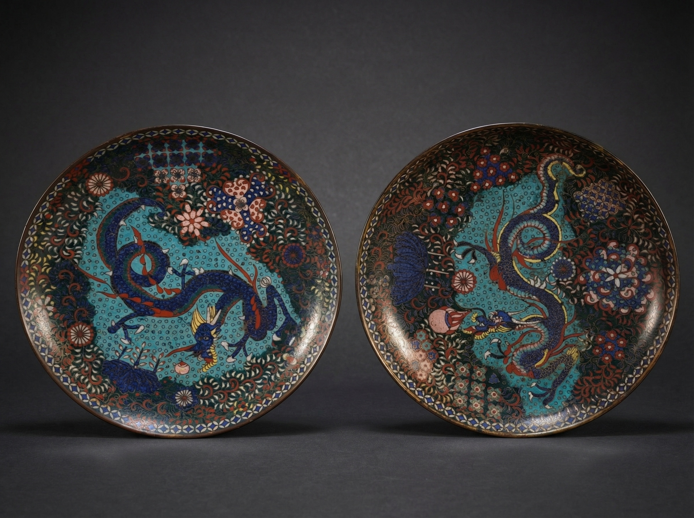Pair Japanese Cloisonne Enamel  Dragon Dishes. Circa 1870.