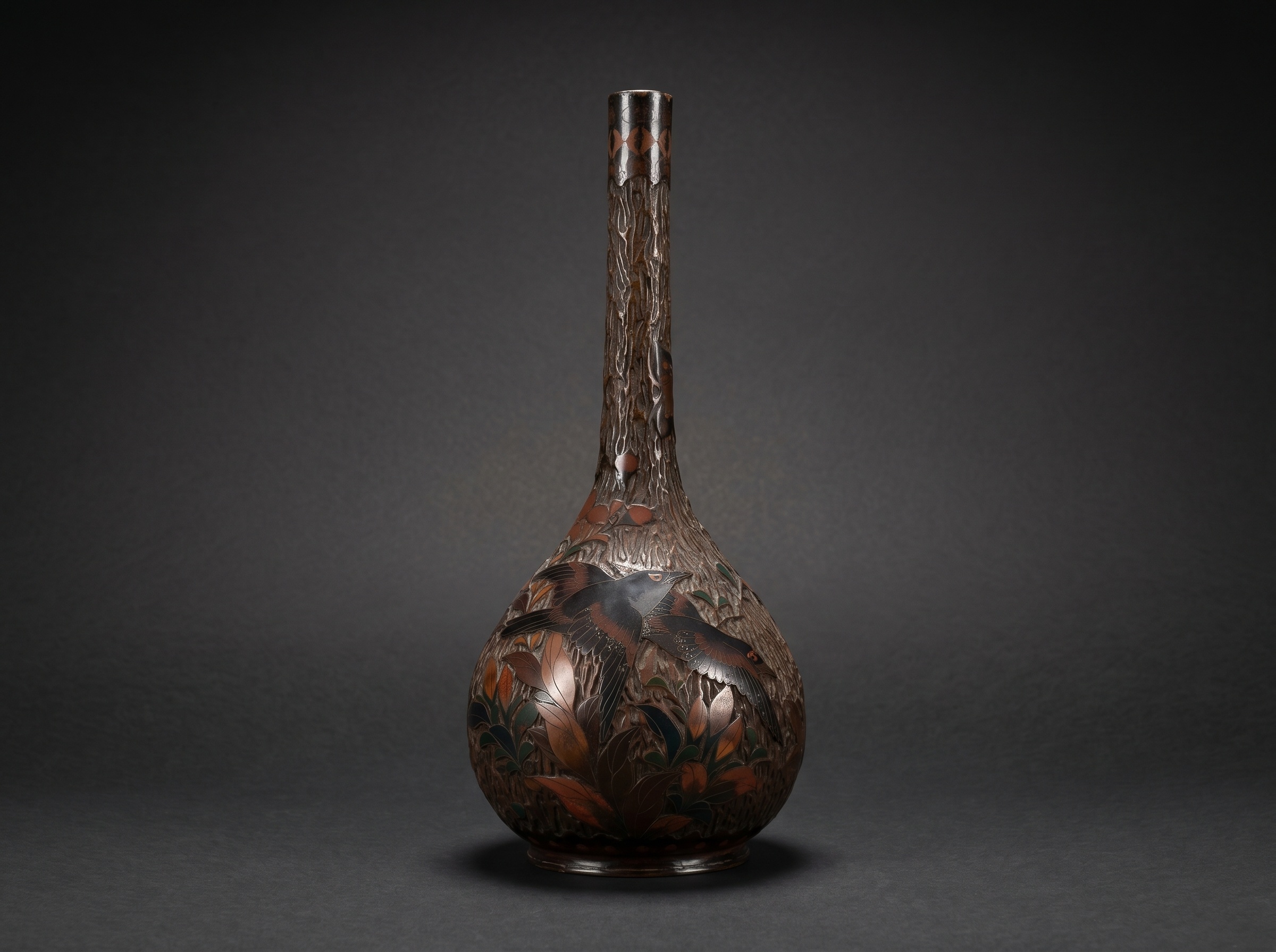 Pair Japanese Totai Shippo Vases. Cloisonne Tree Bark -  Birds / Flowers. Circa 1890.